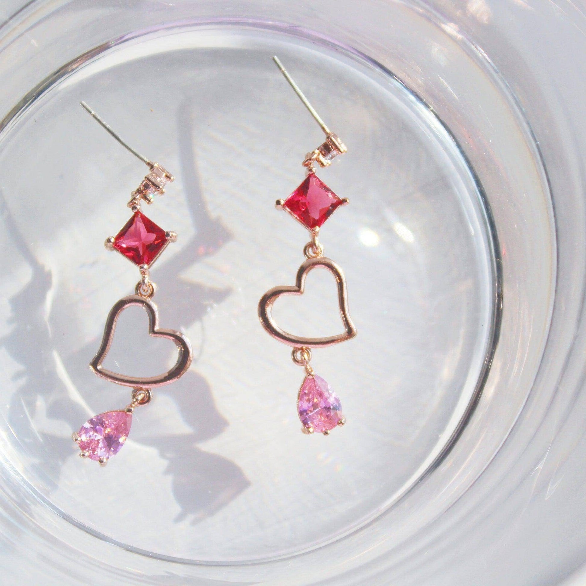 Gold Heart with Pink Crystal Drop Earrings - Sterling Silver Studs Earrings-Ninaouity