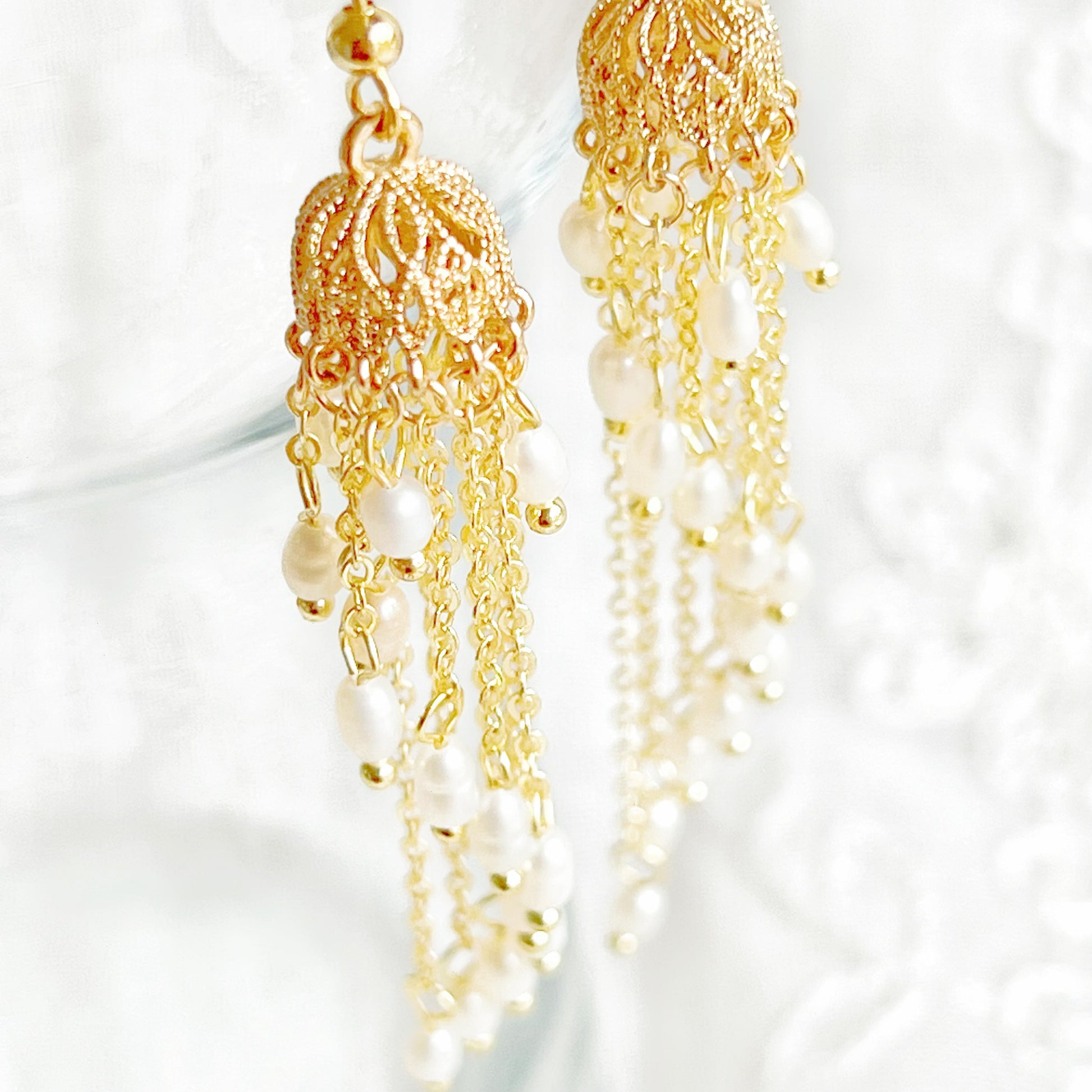 Gold Jhumka Earrings with Freshwater Pearls - Light Weight Drop Earrings-Ninaouity