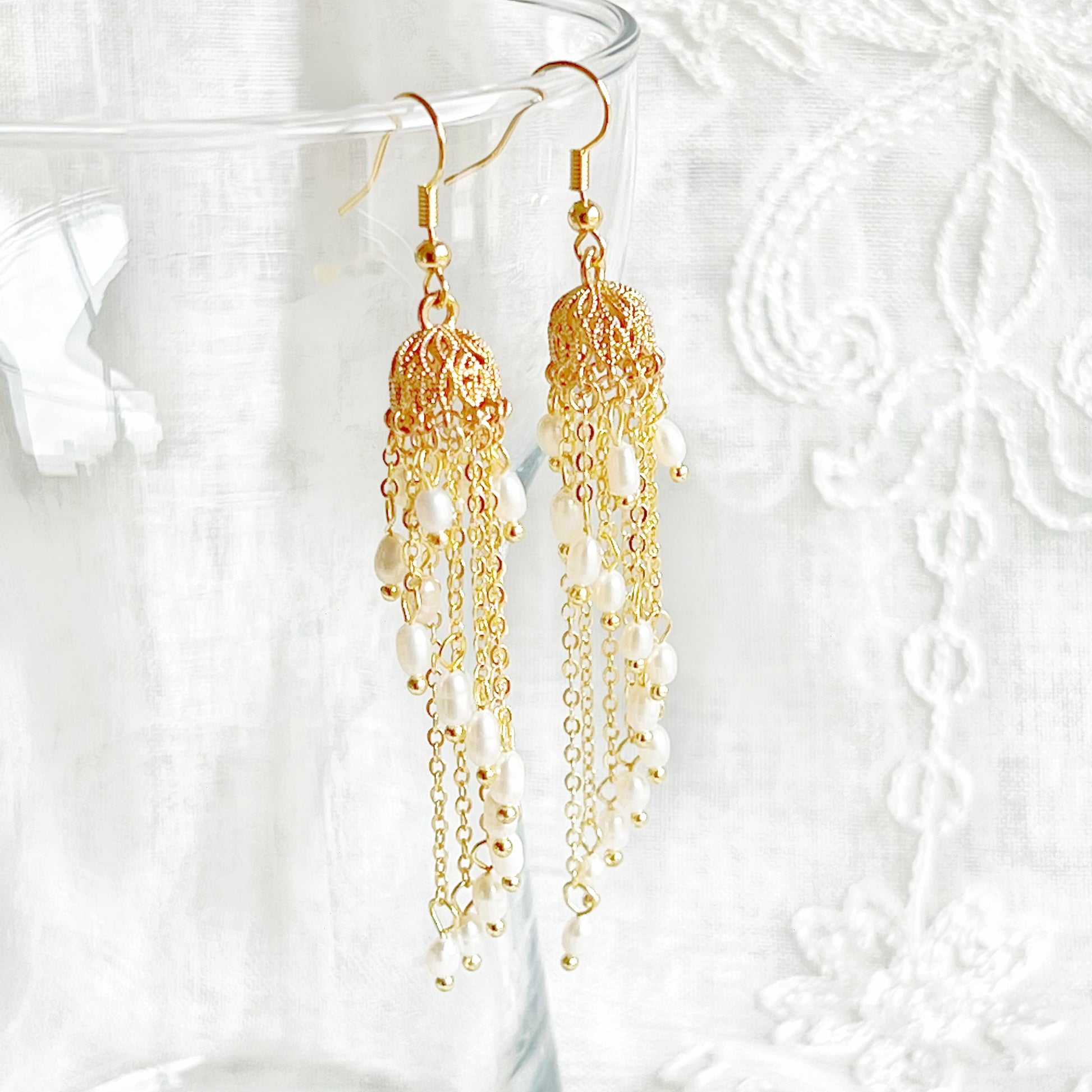Gold Jhumka Earrings with Freshwater Pearls - Light Weight Drop Earrings-Ninaouity