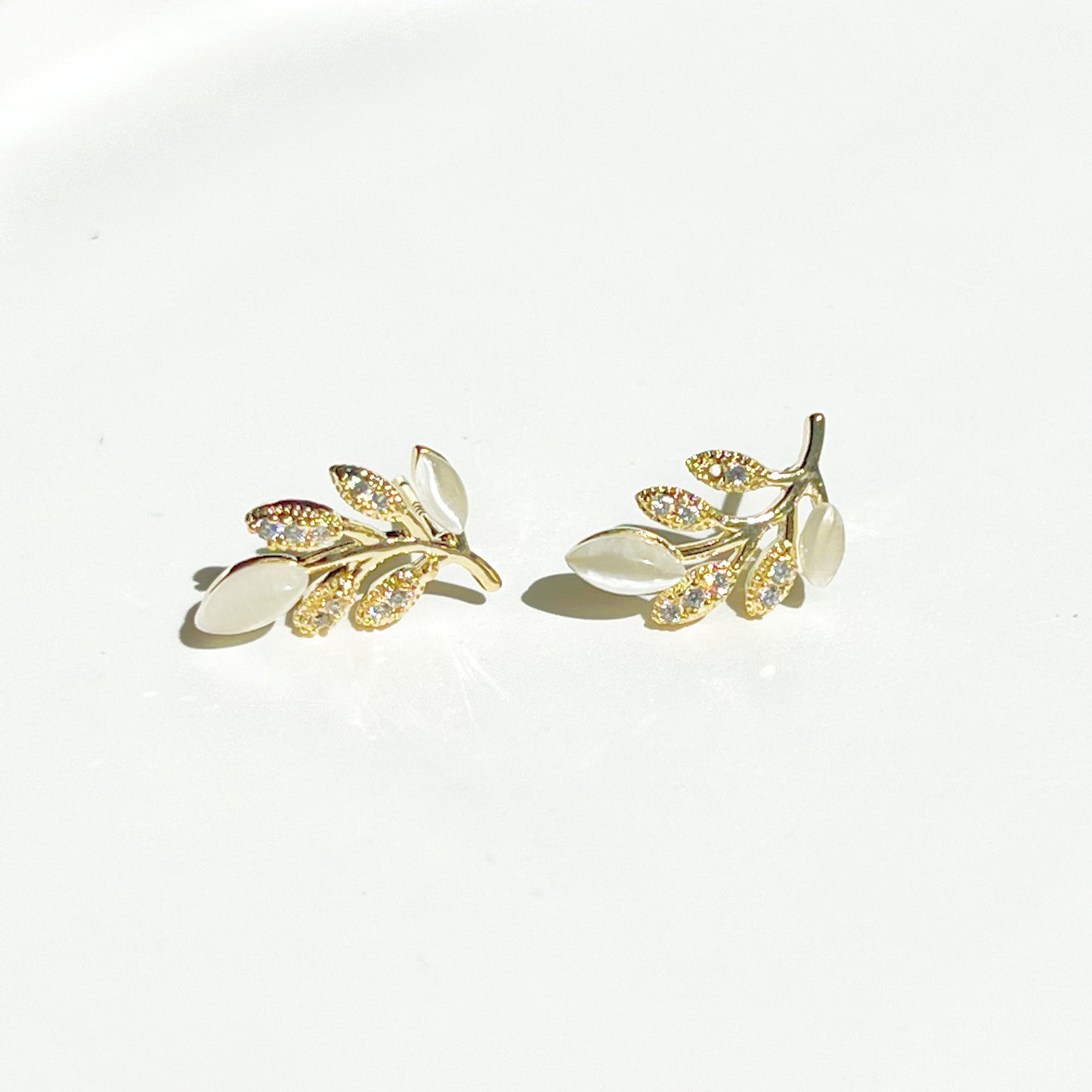 Gold Leaf Stud Earrings with Cat Eye Stone-Ninaouity