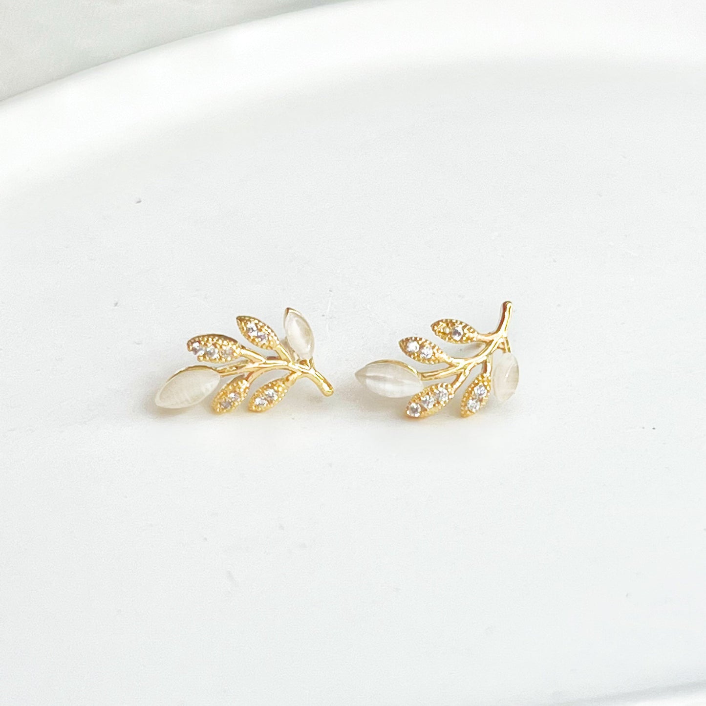 Gold Leaf Stud Earrings with Cat Eye Stone-Ninaouity