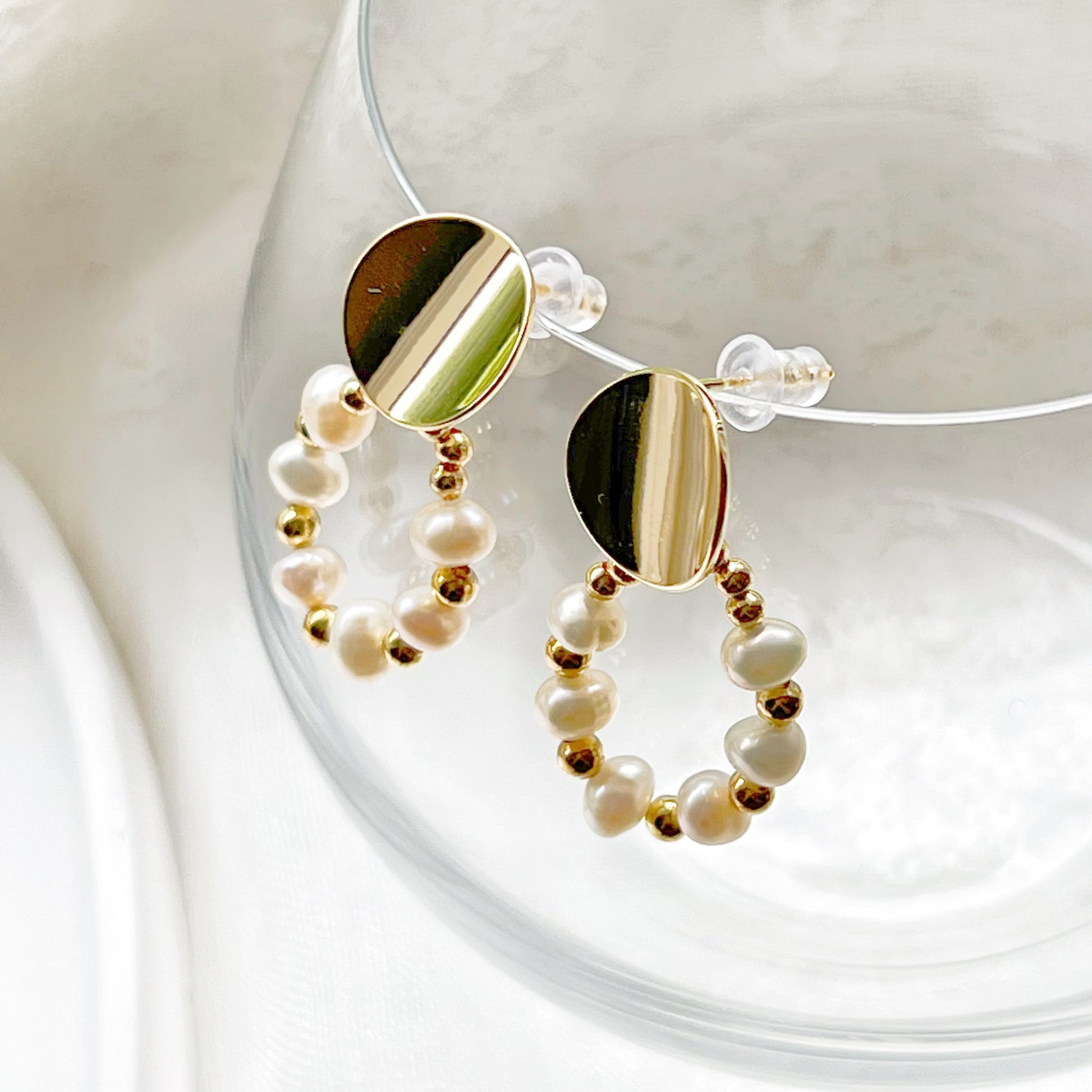 Gold Pearl Hoop Earrings-Ninaouity