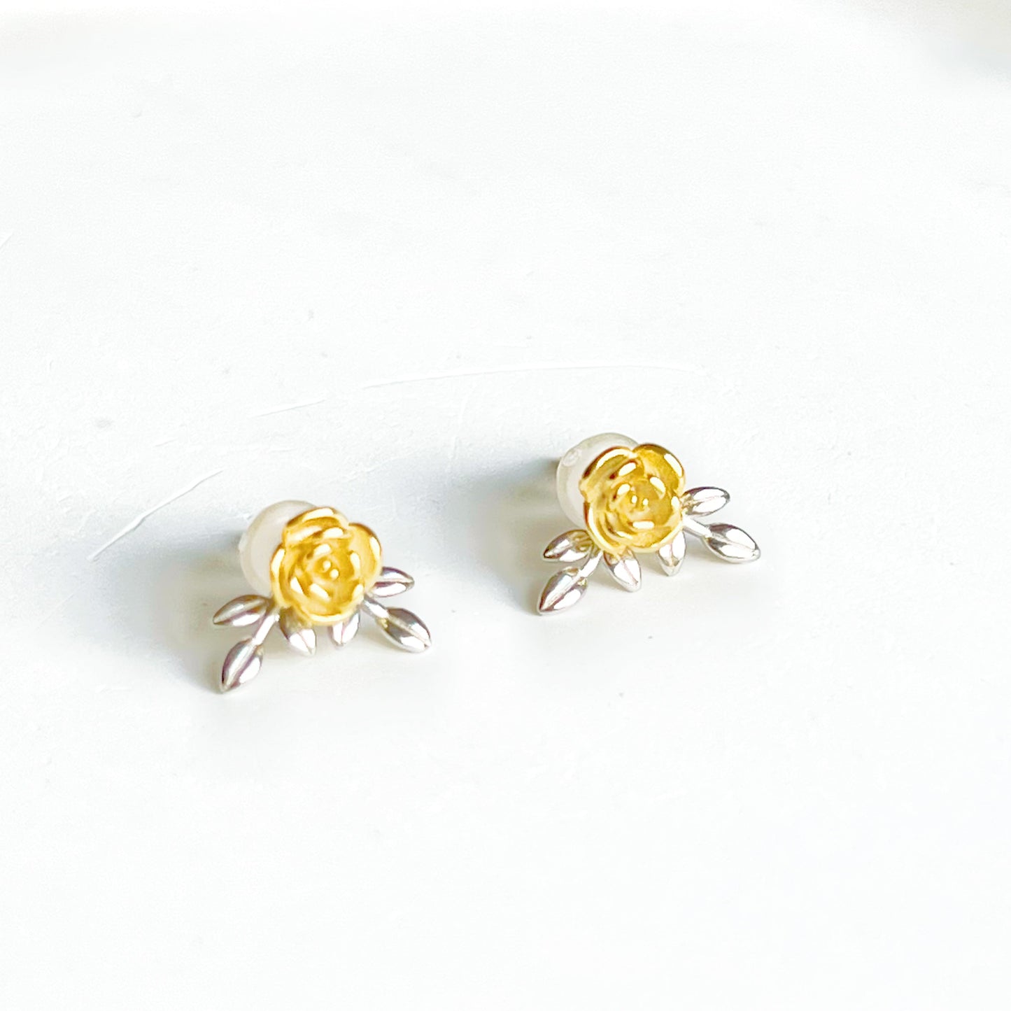 Gold Rose and Silver Leaves Two Ways to Wear Earrings-Ninaouity