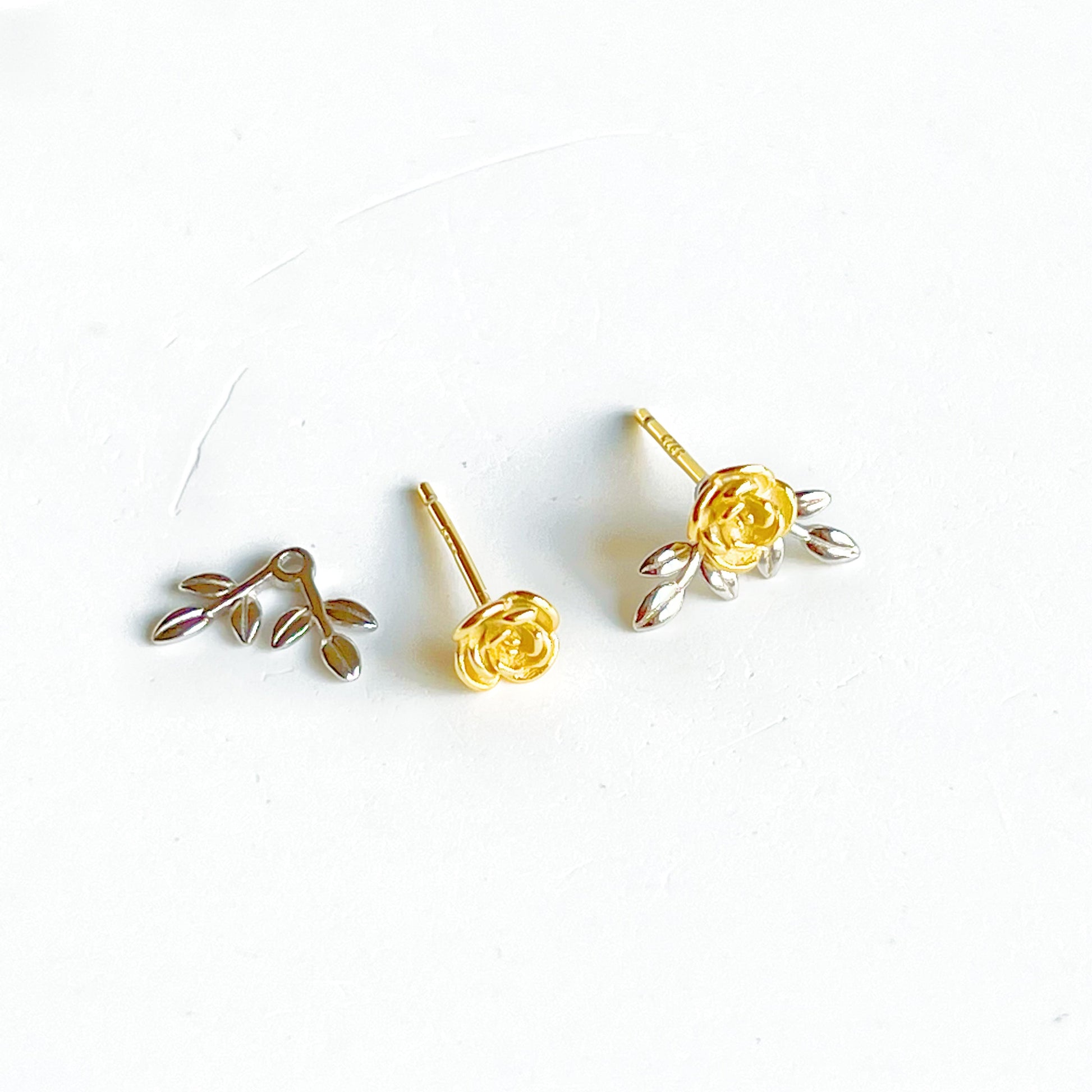 Gold Rose and Silver Leaves Two Ways to Wear Earrings-Ninaouity
