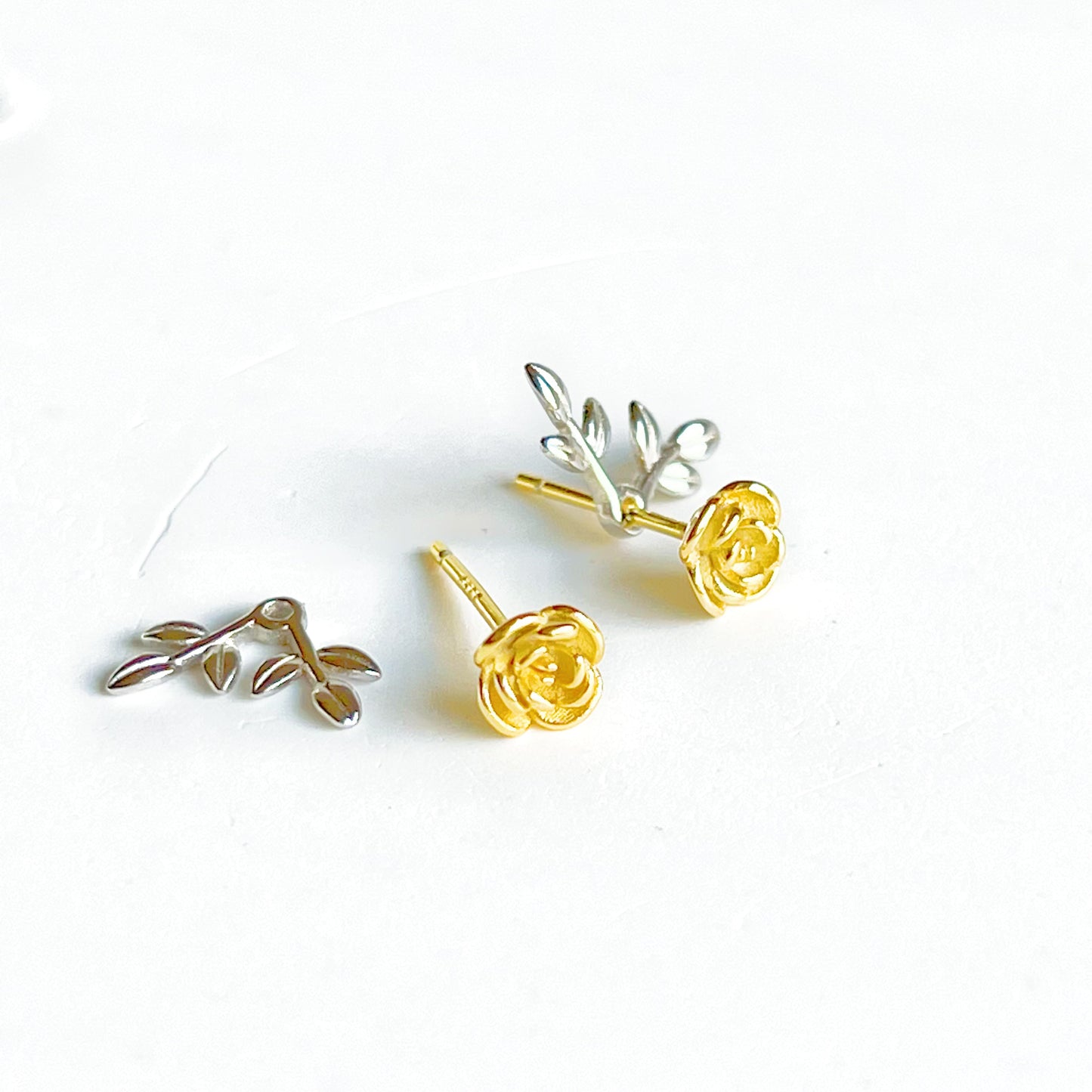 Gold Rose and Silver Leaves Two Ways to Wear Earrings-Ninaouity