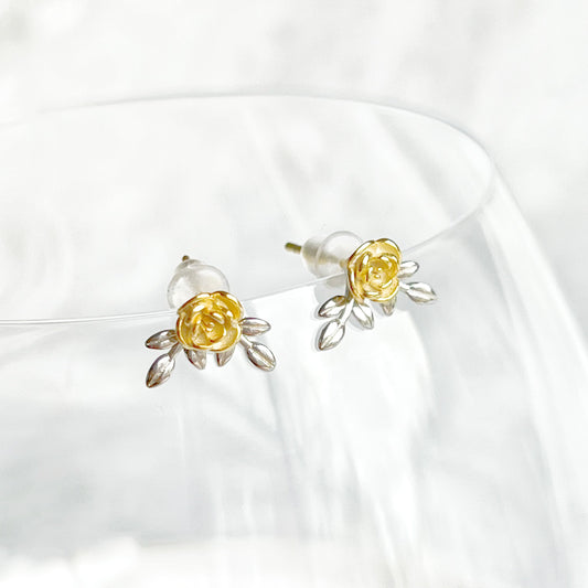 Gold Rose and Silver Leaves Two Ways to Wear Earrings-Ninaouity