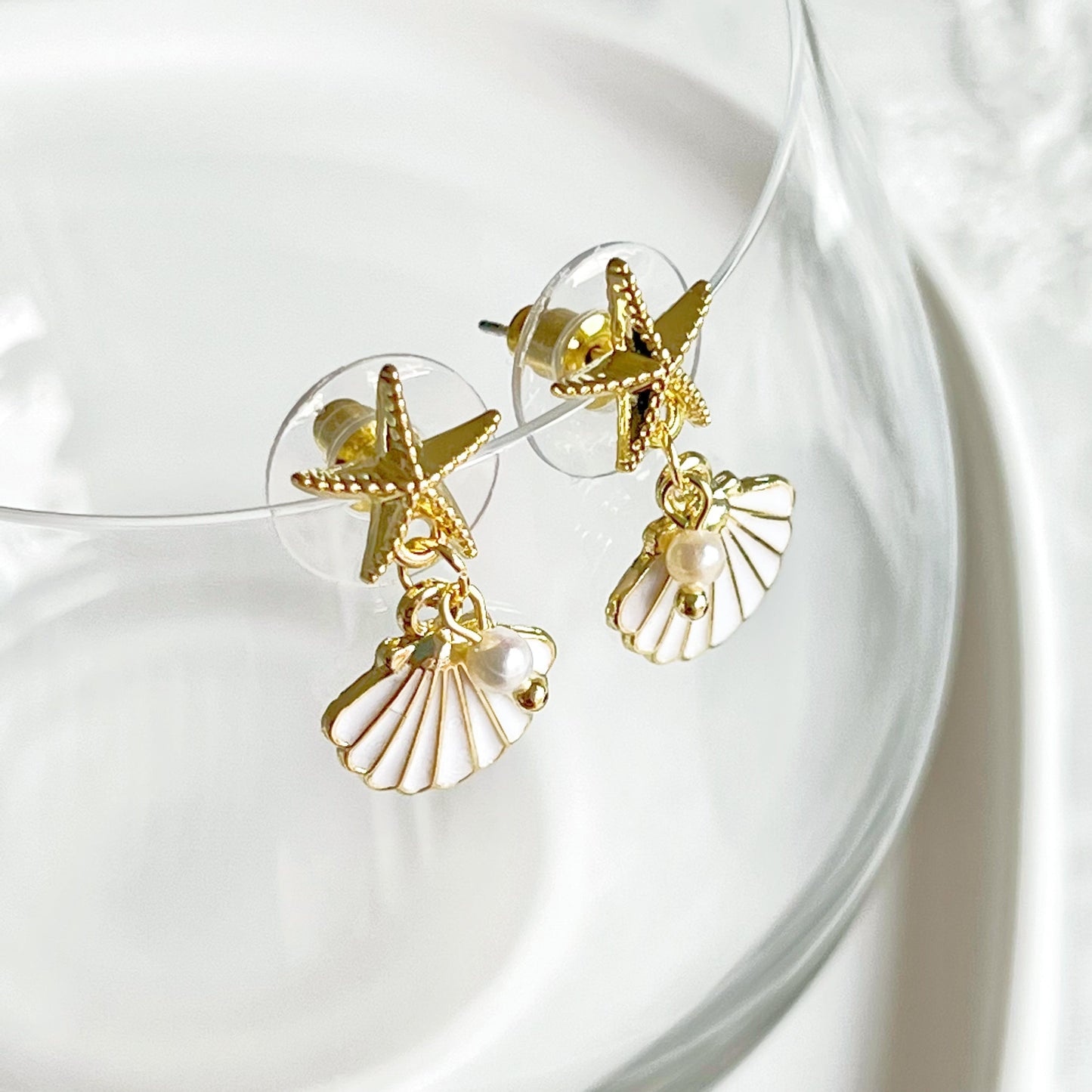 Gold Starfish and Seashell with Mini Pearl Drop Earrings-Ninaouity