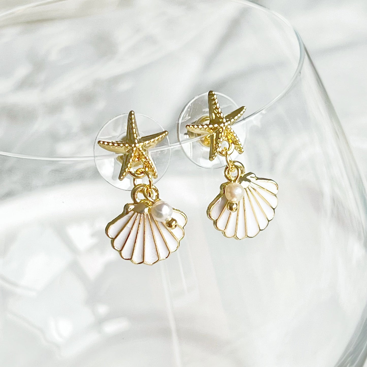 Gold Starfish and Seashell with Mini Pearl Drop Earrings-Ninaouity