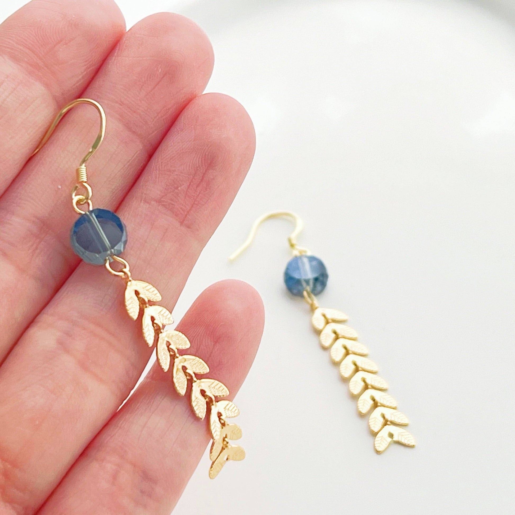 Gold Willow with Blue Dot Earrings - Sterling Silver Stud Earrings-Ninaouity