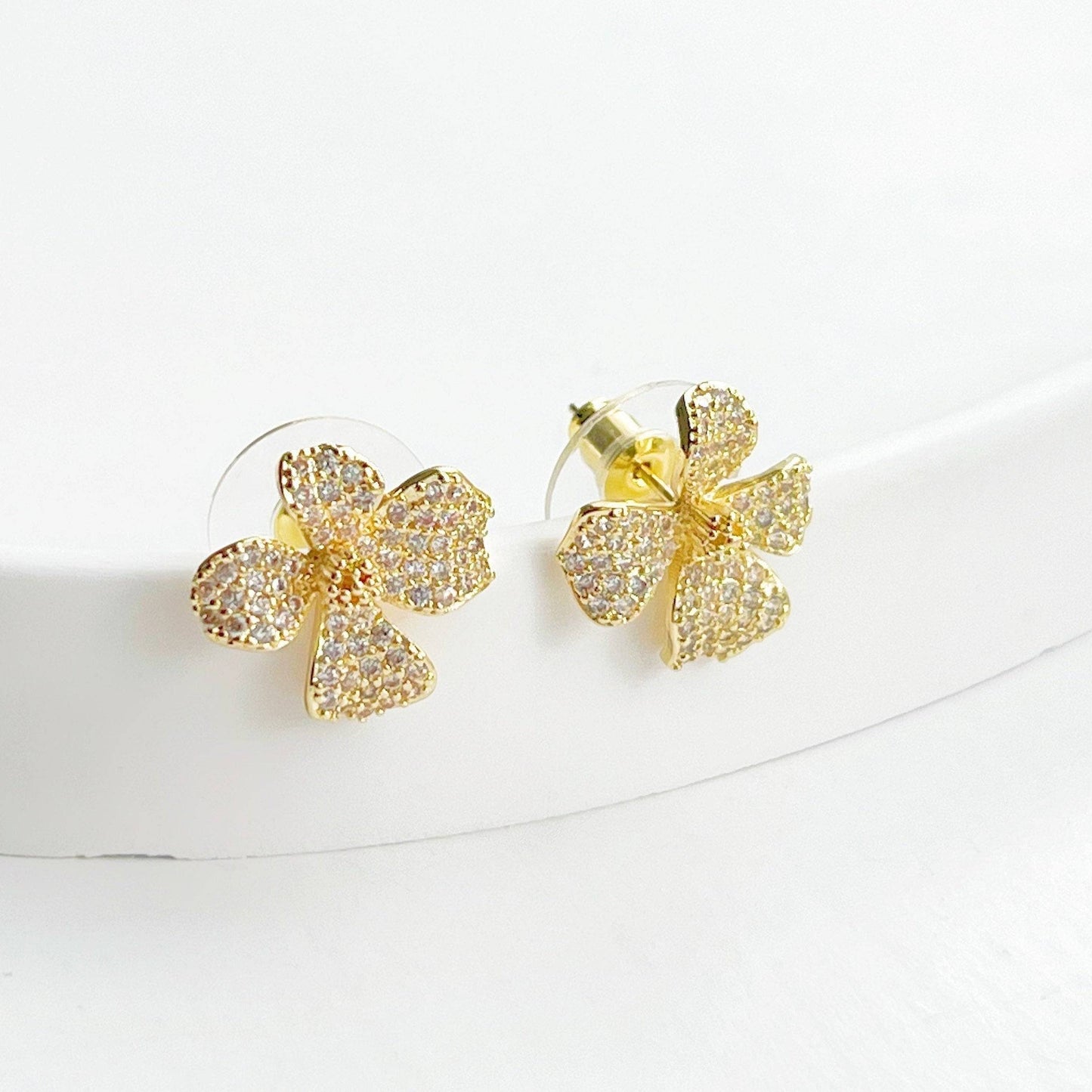 Golden Four Petals Shamrock Earrings - Mini Crystal Sterling Silver Studs Earrings-Ninaouity