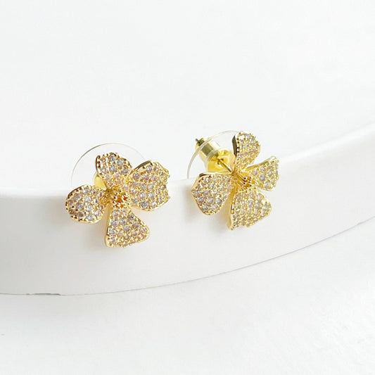 Golden Four Petals Shamrock Earrings - Mini Crystal Sterling Silver Studs Earrings-Ninaouity
