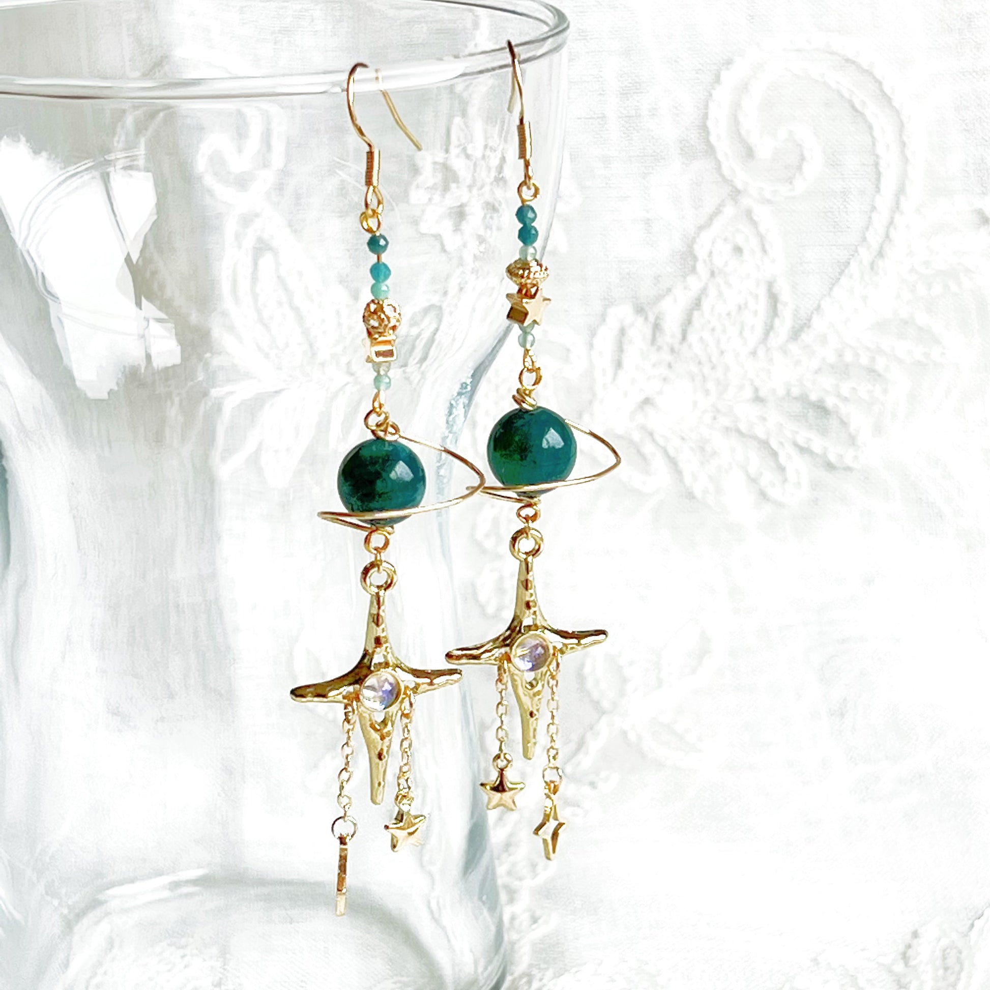 Green Apatite Planet and North Star Drop Earrings-Ninaouity