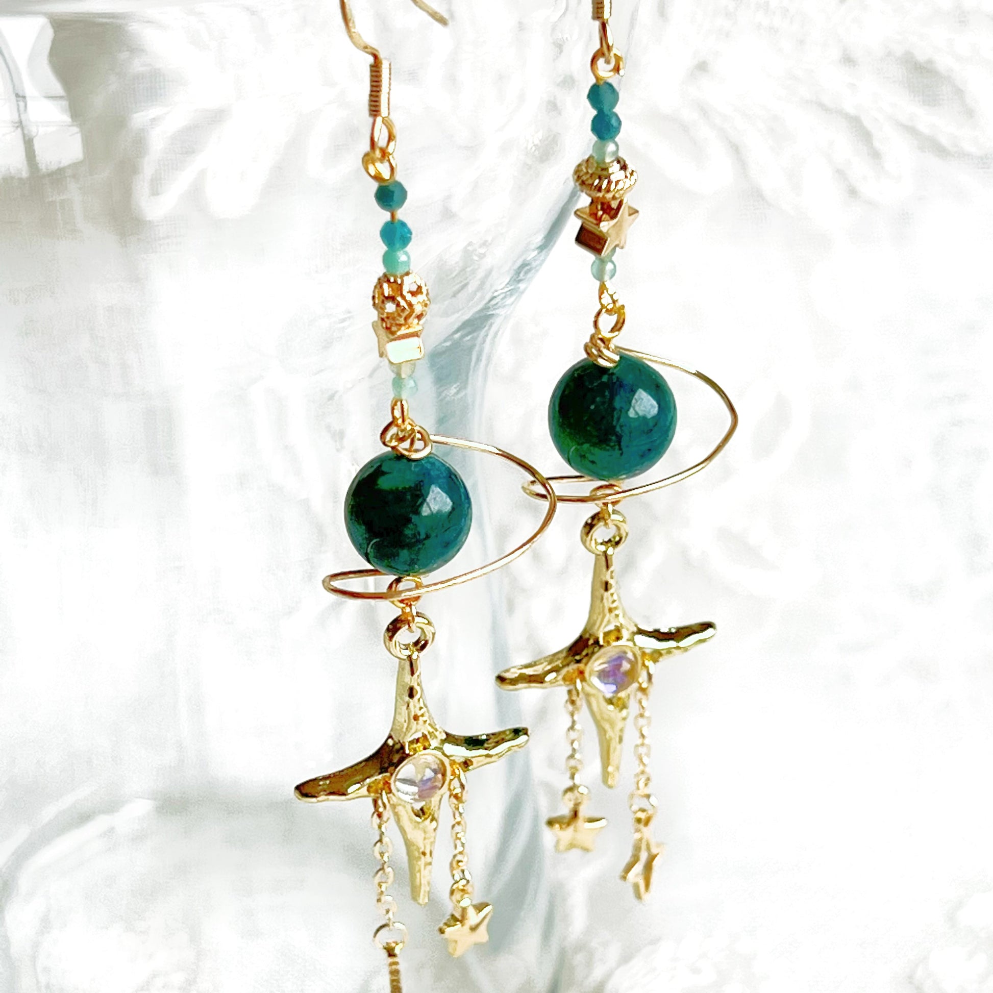 Green Apatite Planet and North Star Drop Earrings-Ninaouity