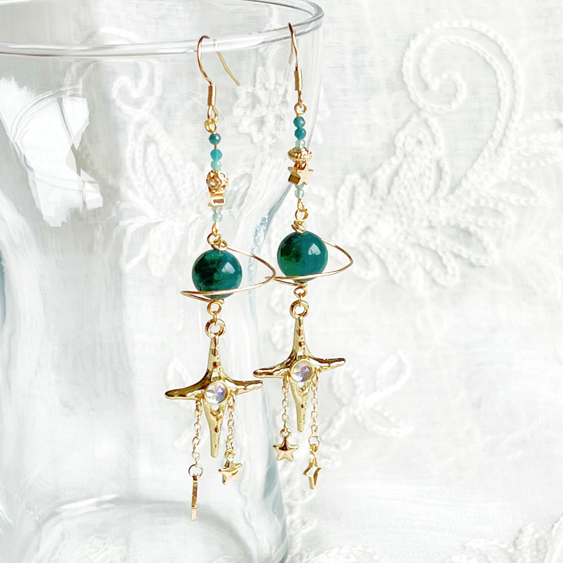 Green Apatite Planet and North Star Drop Earrings-Ninaouity