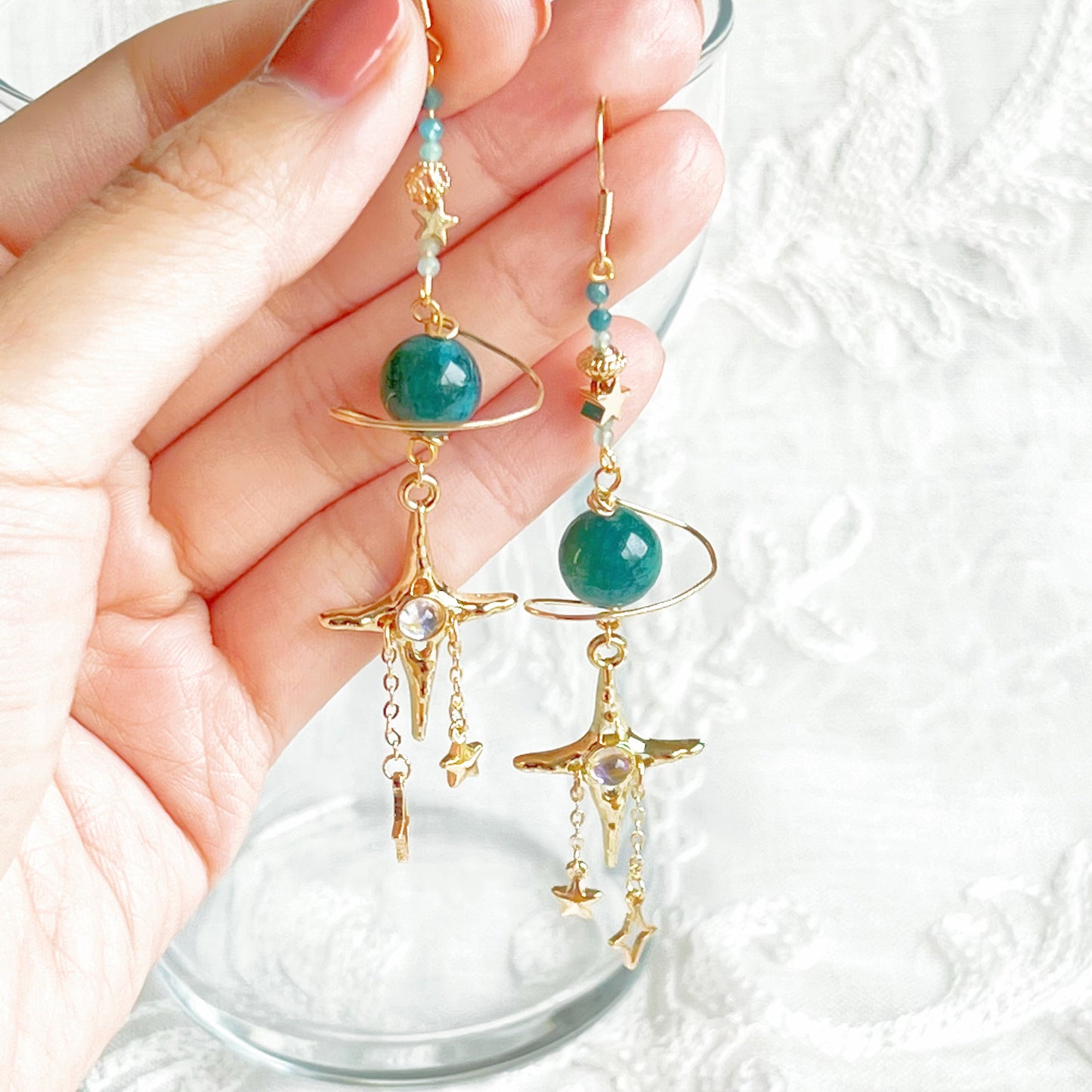 Green Apatite Planet and North Star Drop Earrings-Ninaouity