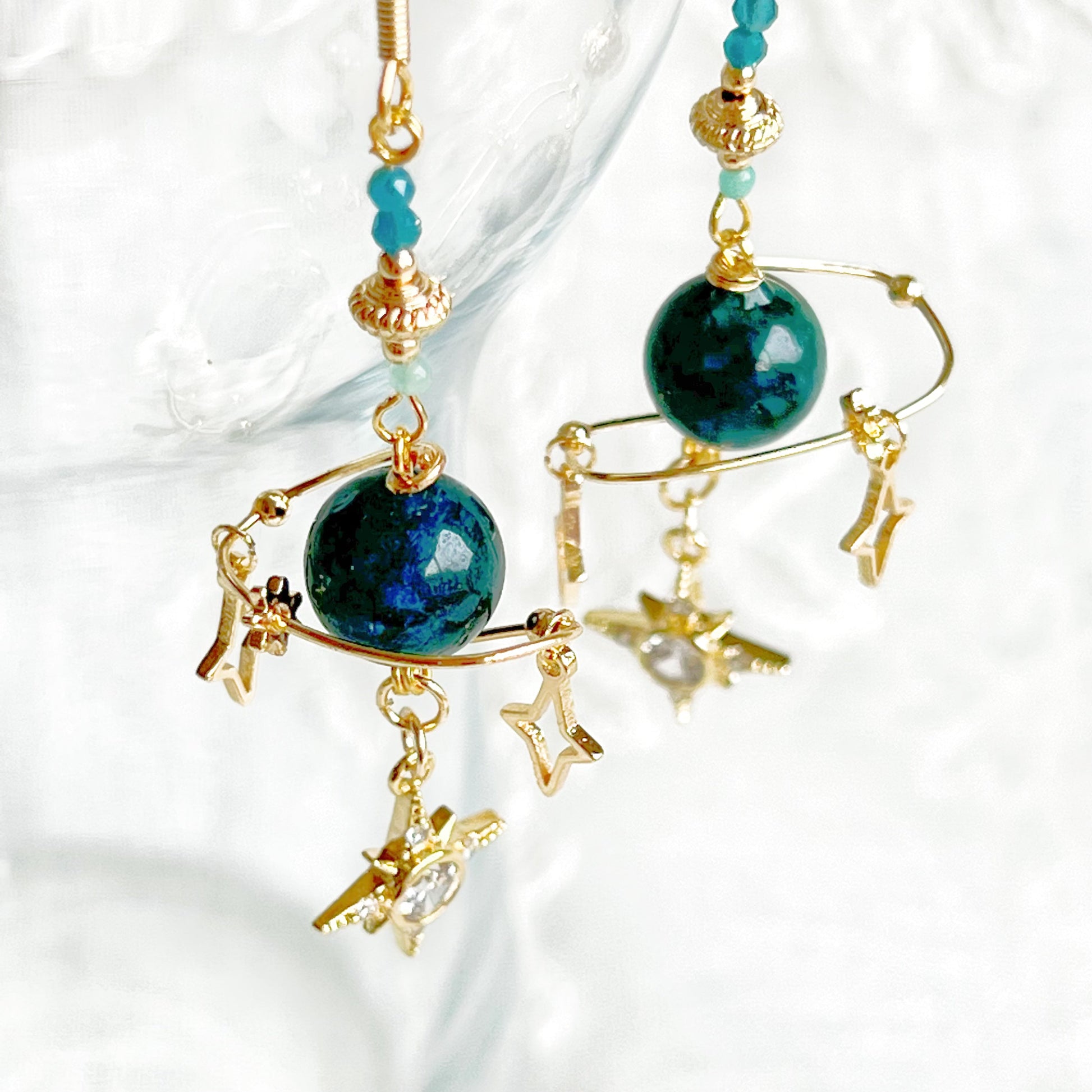 Green Apatite Planet and Stars Drop Earrings-Ninaouity