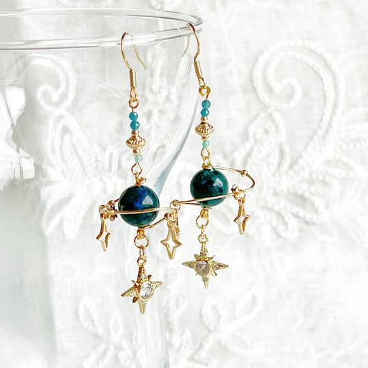 Green Apatite Planet and Stars Drop Earrings-Ninaouity