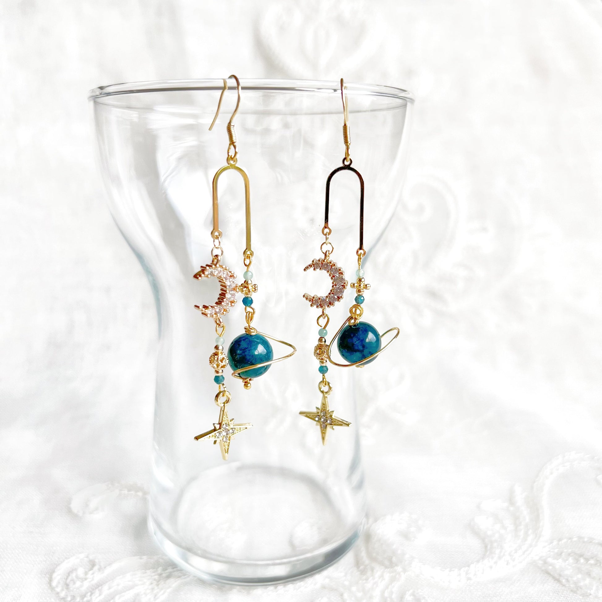 Green Apatite Planet Moon and North Star Drop Earrings-Ninaouity