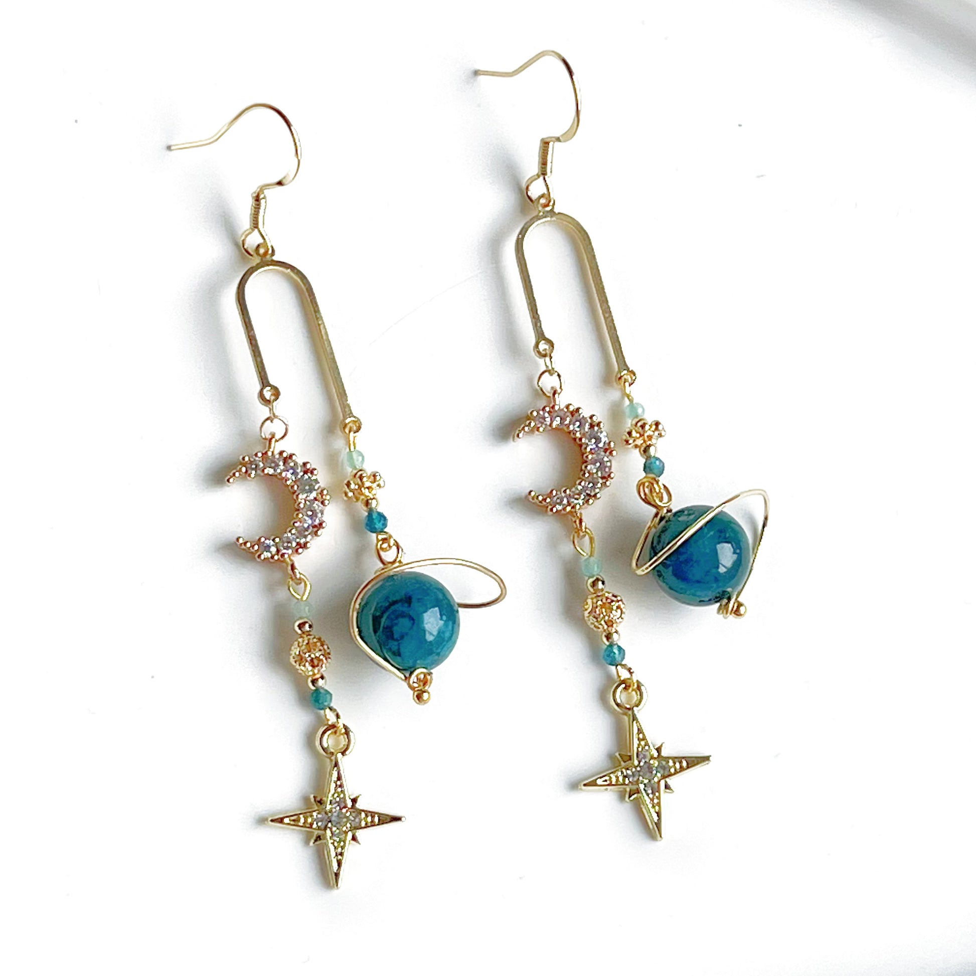 Green Apatite Planet Moon and North Star Drop Earrings-Ninaouity