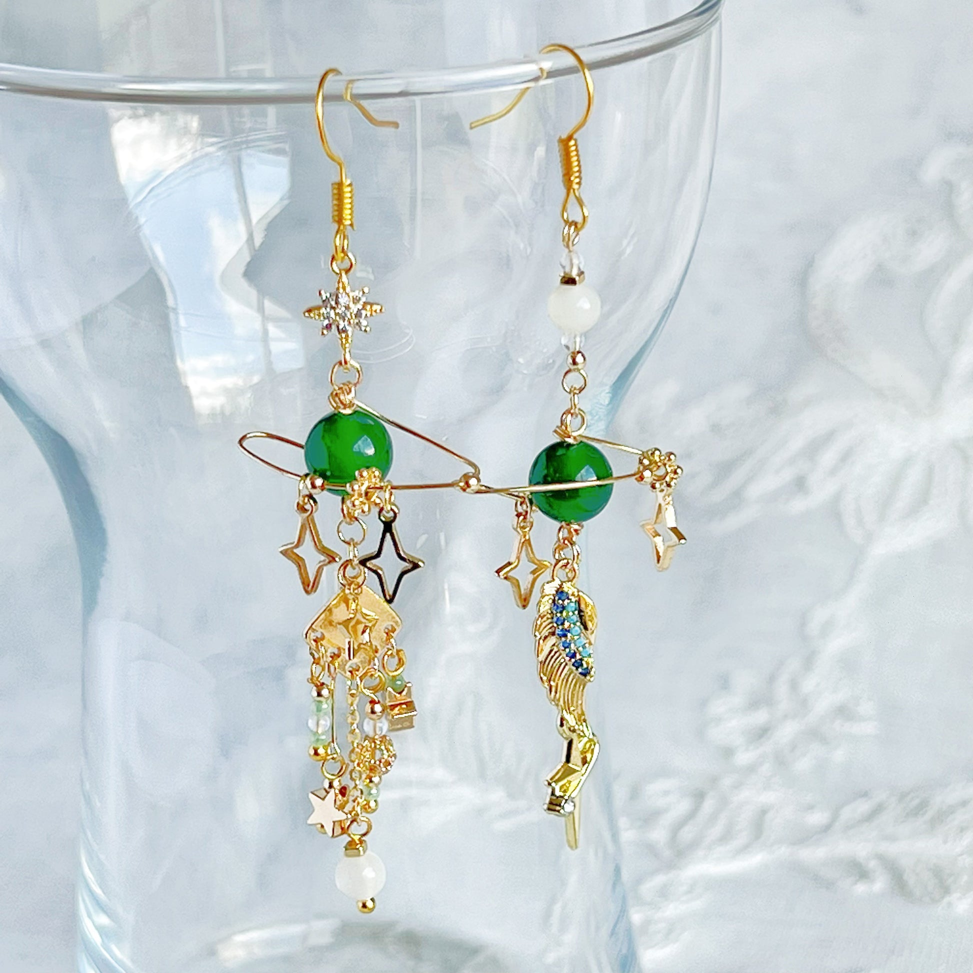Green Chalcedony Planet and Wing Earrings-Ninaouity