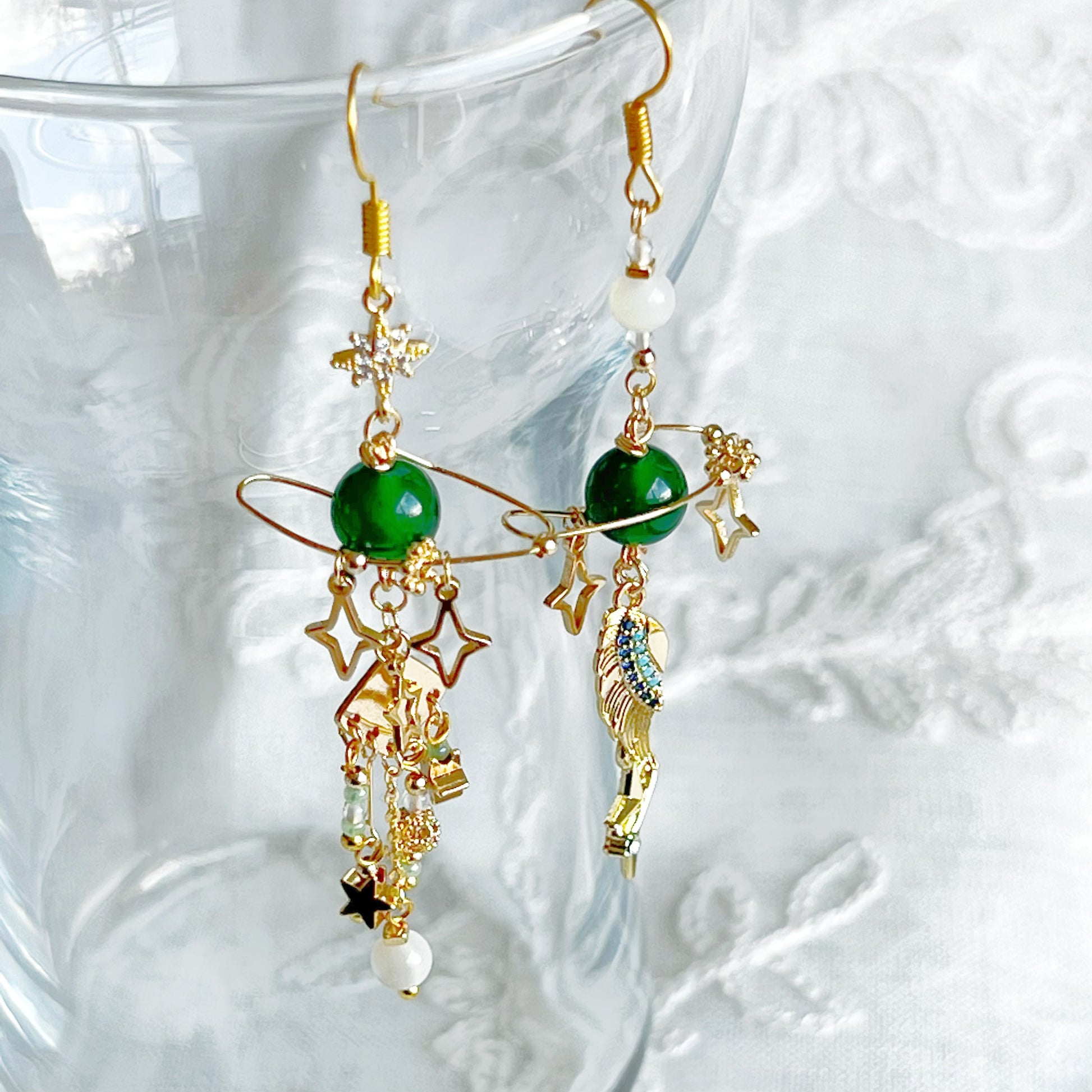 Green Chalcedony Planet and Wing Earrings-Ninaouity