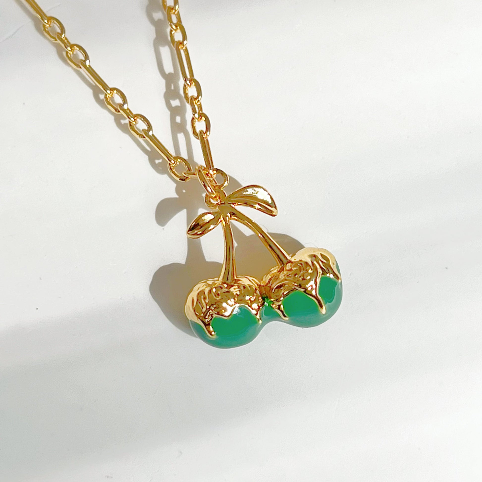 Green Cherry in Gold Chain Necklace-Ninaouity