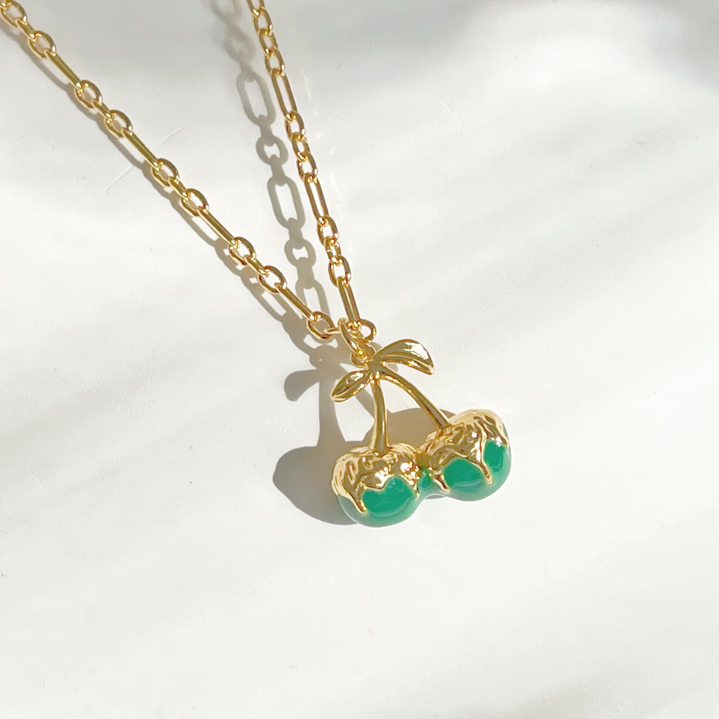 Green Cherry in Gold Chain Necklace-Ninaouity
