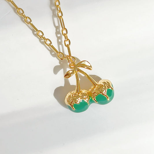 Green Cherry in Gold Chain Necklace-Ninaouity