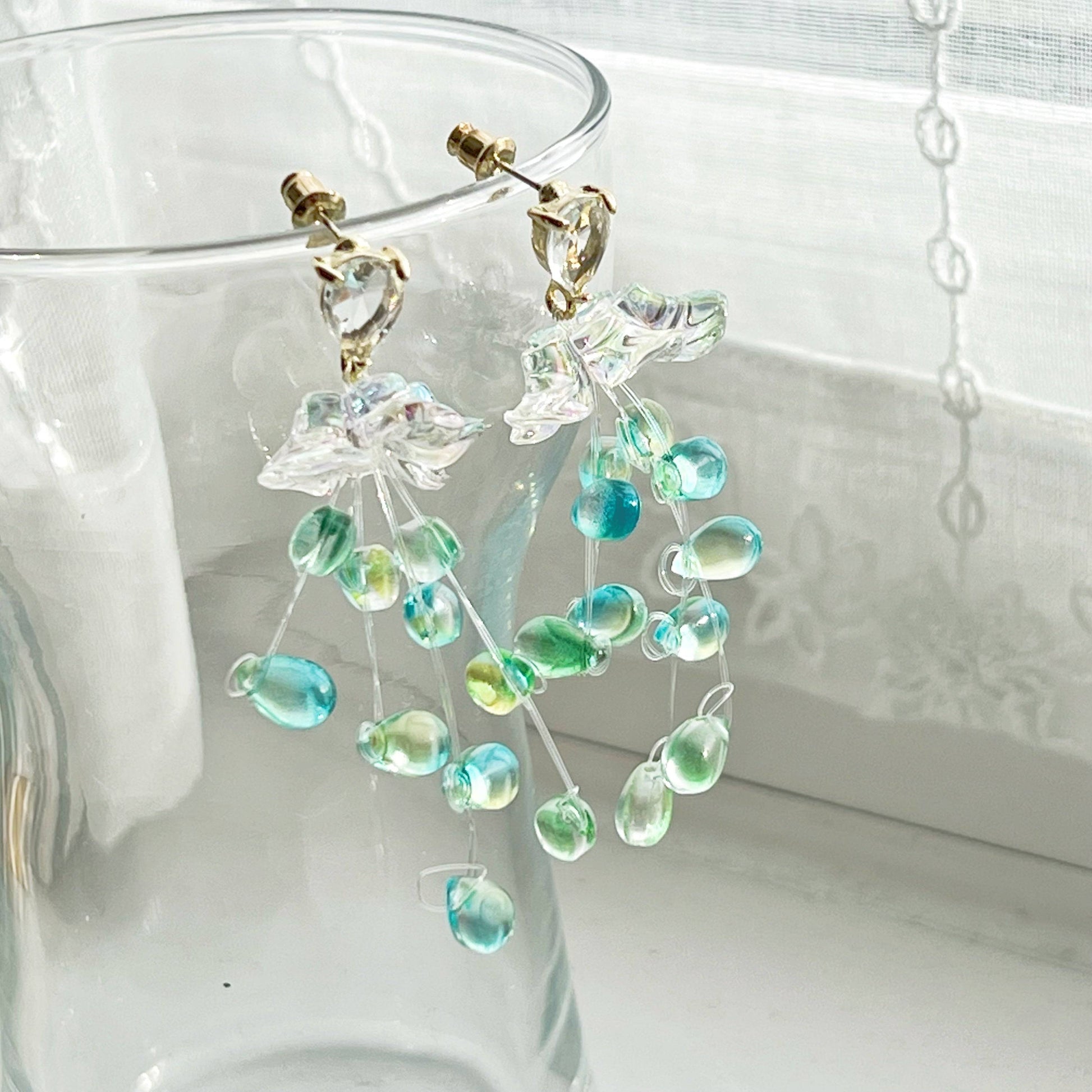 Green Drop with Crystal Flower - String-of Pearls-Drop Earrings-Ninaouity