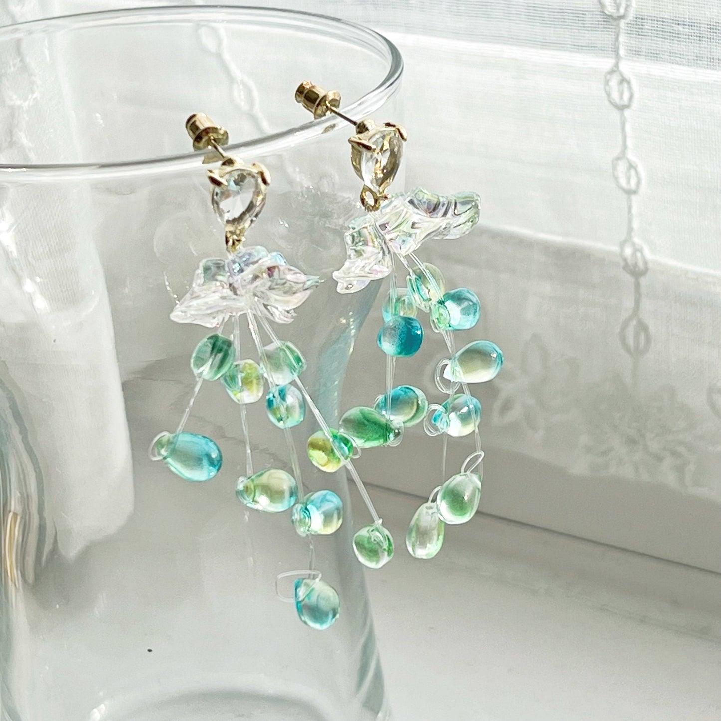 Green Drop with Crystal Flower - String-of Pearls-Drop Earrings-Ninaouity