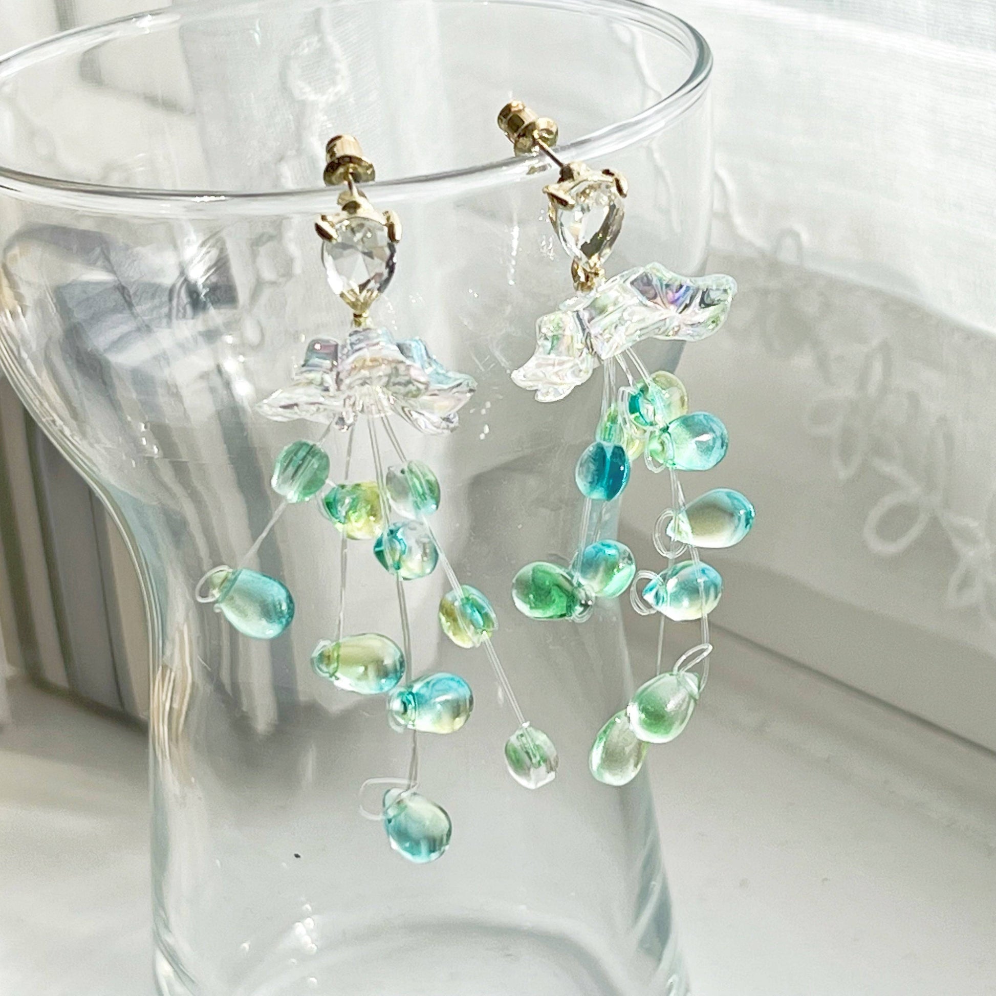 Green Drop with Crystal Flower - String-of Pearls-Drop Earrings-Ninaouity