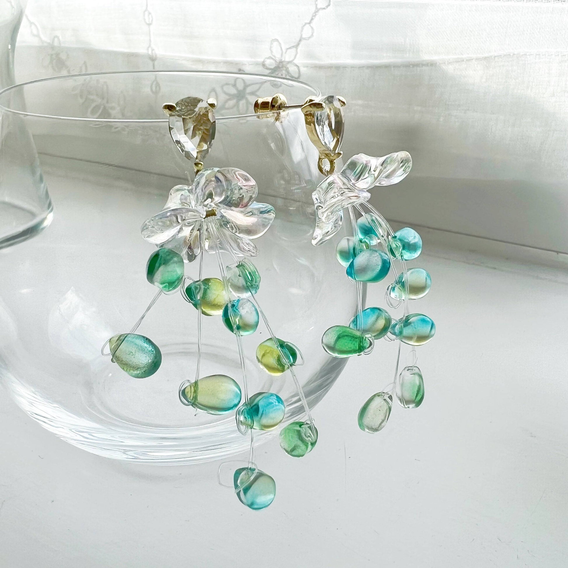 Green Drop with Crystal Flower - String-of Pearls-Drop Earrings-Ninaouity