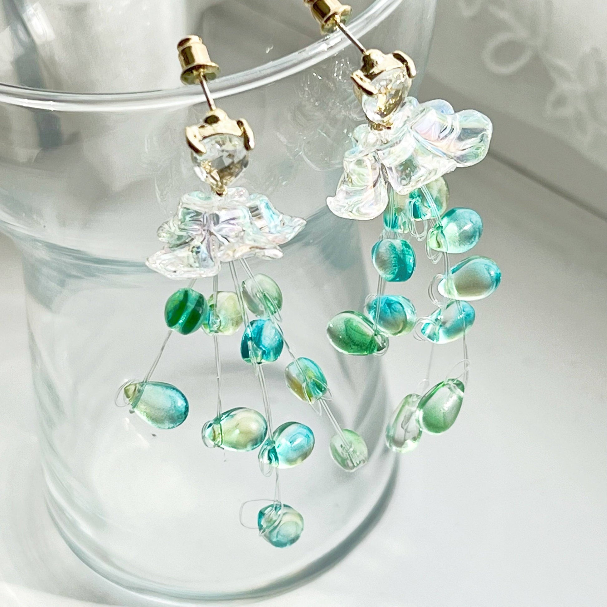 Green Drop with Crystal Flower - String-of Pearls-Drop Earrings-Ninaouity