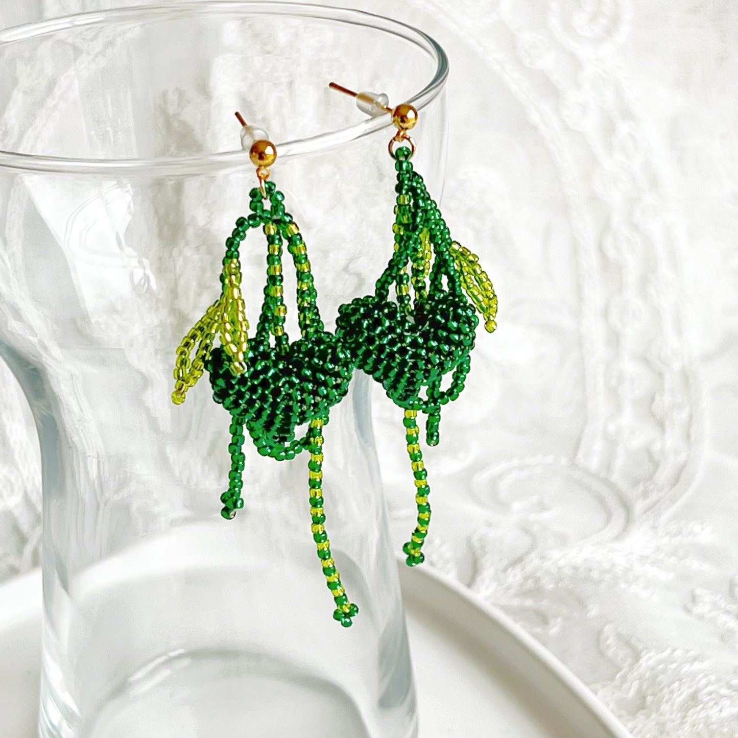 Green Heart and Leaves Beaded Earrings-Ninaouity