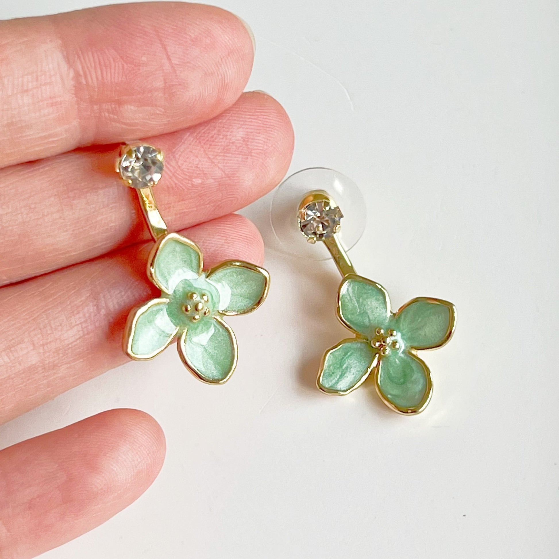 Green Hydrangea Flower Ear Jacket Style Earrings-Ninaouity