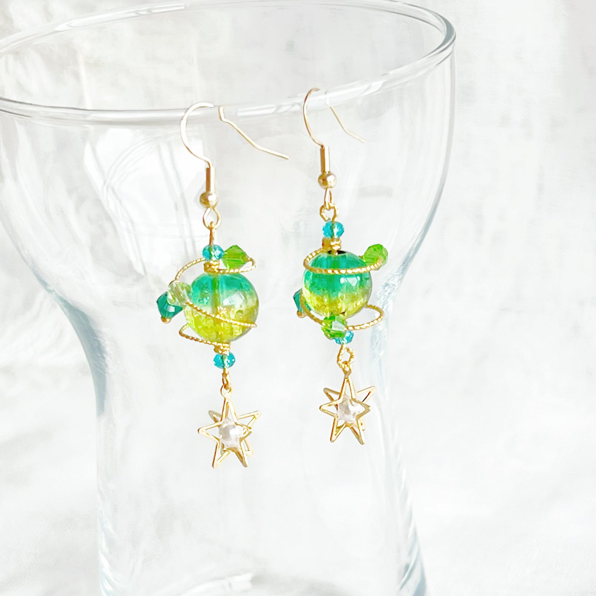 Green Planet Uranus Earrings - Green Orb with Star Drop Earrings-Ninaouity