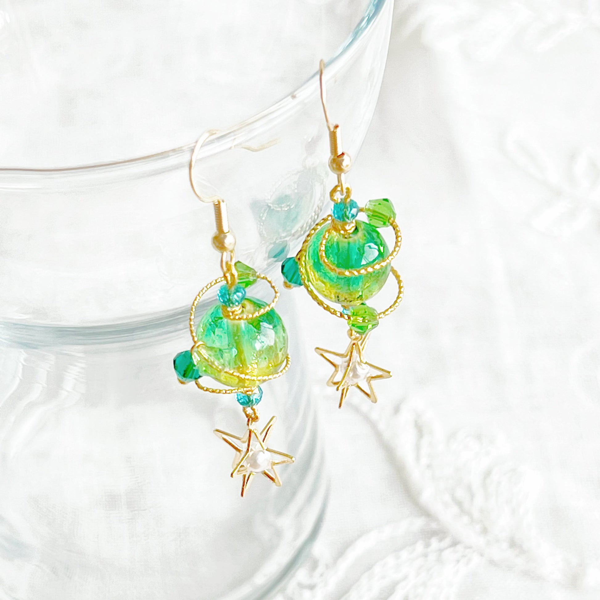 Green Planet Uranus Earrings - Green Orb with Star Drop Earrings-Ninaouity