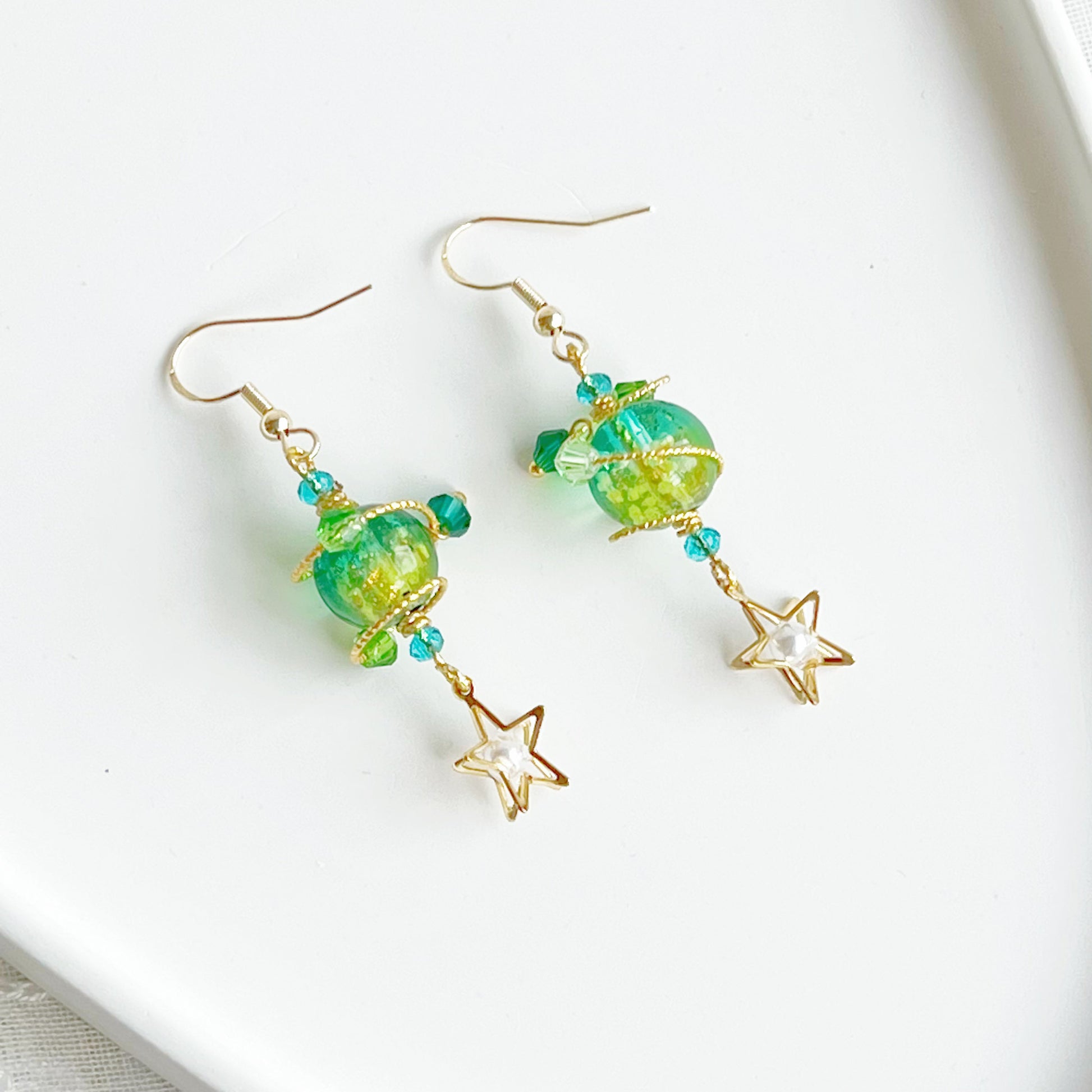 Green Planet Uranus Earrings - Green Orb with Star Drop Earrings-Ninaouity