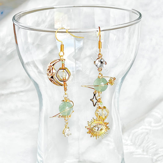 Green Strawberry Quartz Planet Evil Eye Earrings-Ninaouity