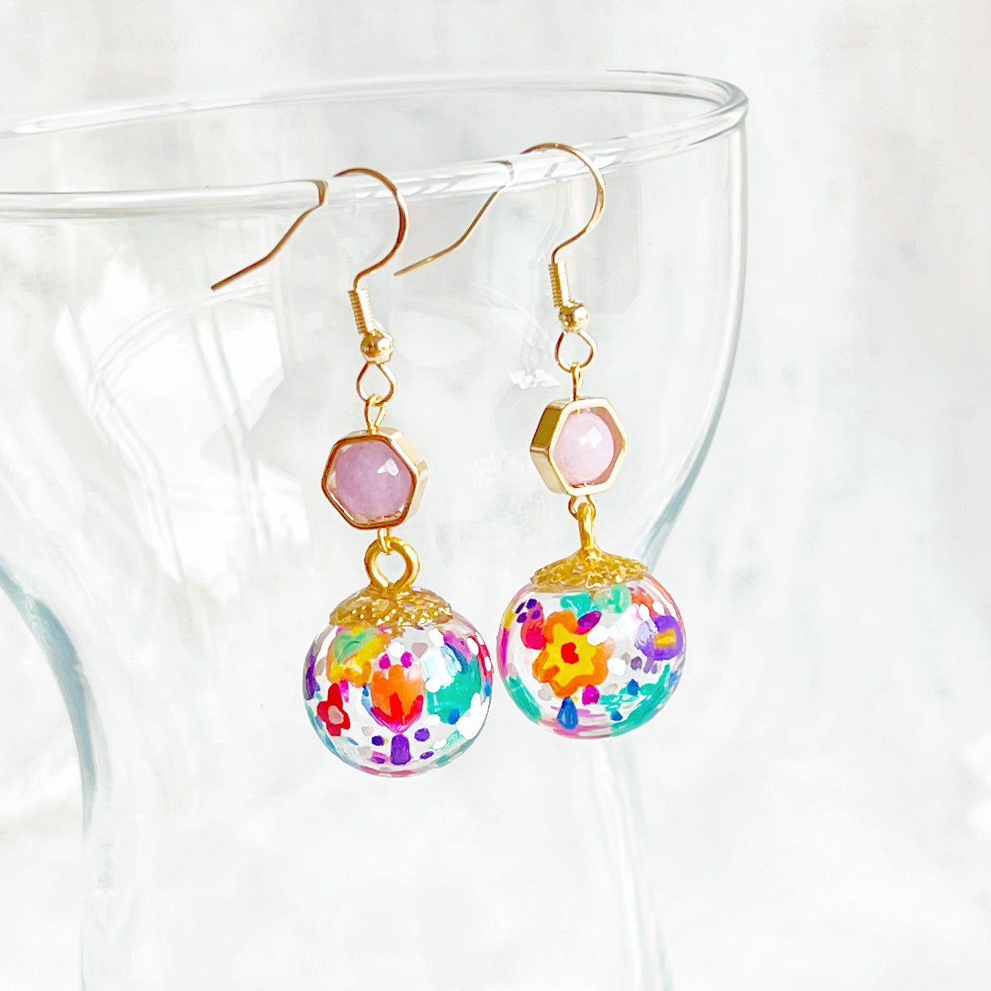 Hand Painted Flower on Glass Globe with Amethyst Drop Earrings-Ninaouity