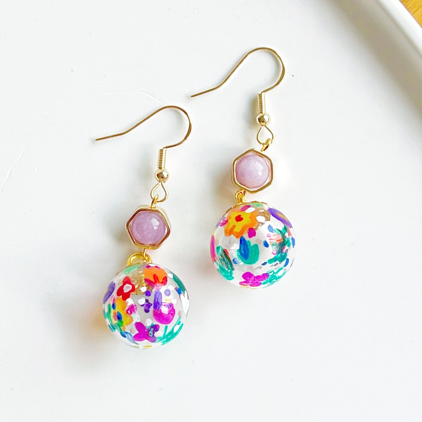 Hand Painted Flower on Glass Globe with Amethyst Drop Earrings-Ninaouity