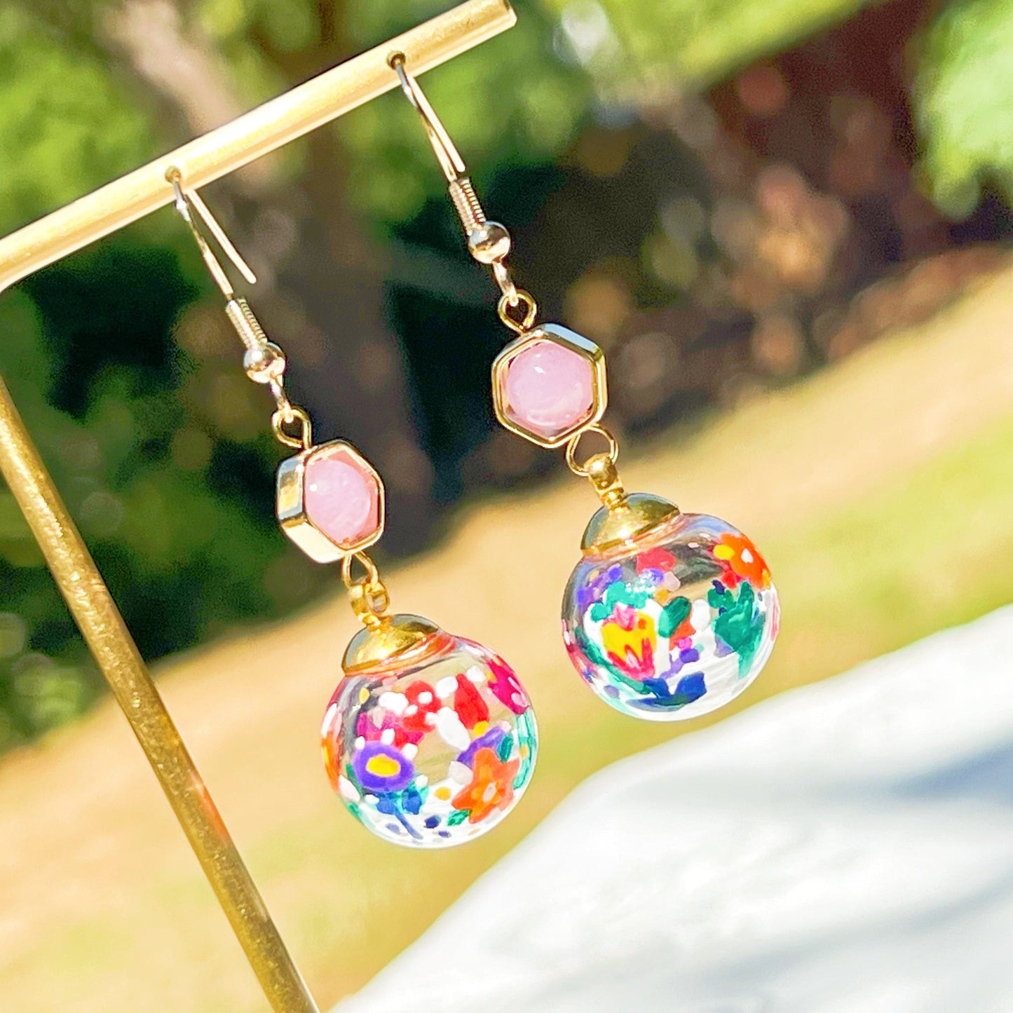 Hand Painted Flower on Glass Globe with Amethyst Drop Earrings-Ninaouity