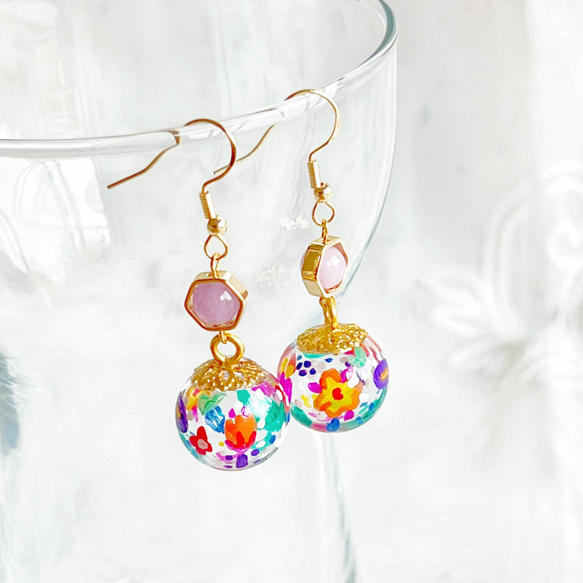 Hand Painted Flower on Glass Globe with Amethyst Drop Earrings-Ninaouity