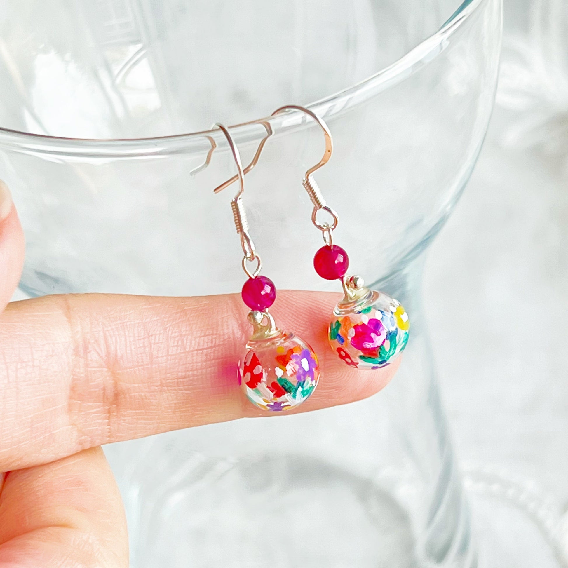 Hand Painted Flower on Mini Glass Globe with Pink Agate / Citrine Drop Earrings-Ninaouity