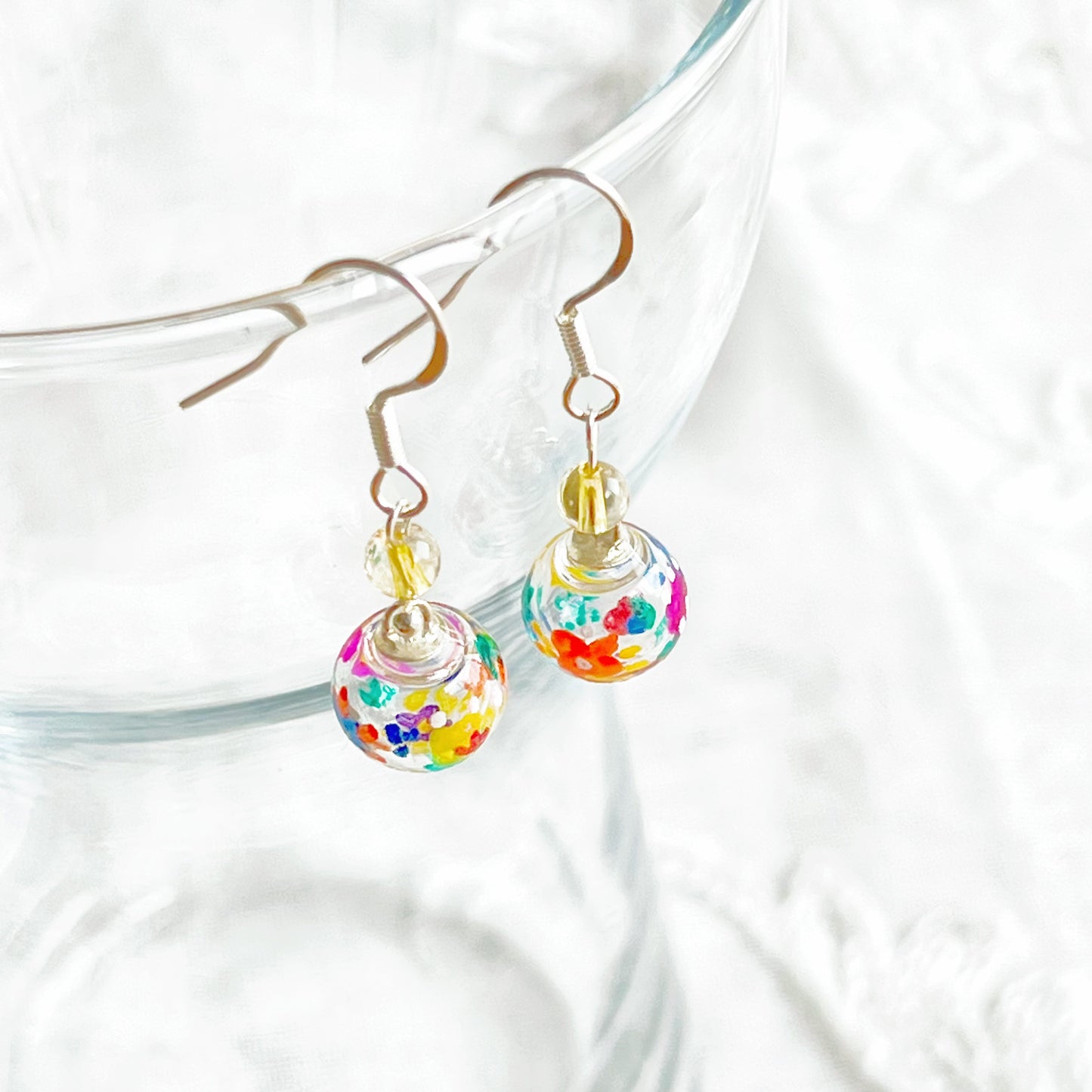 Hand Painted Flower on Mini Glass Globe with Pink Agate / Citrine Drop Earrings-Ninaouity