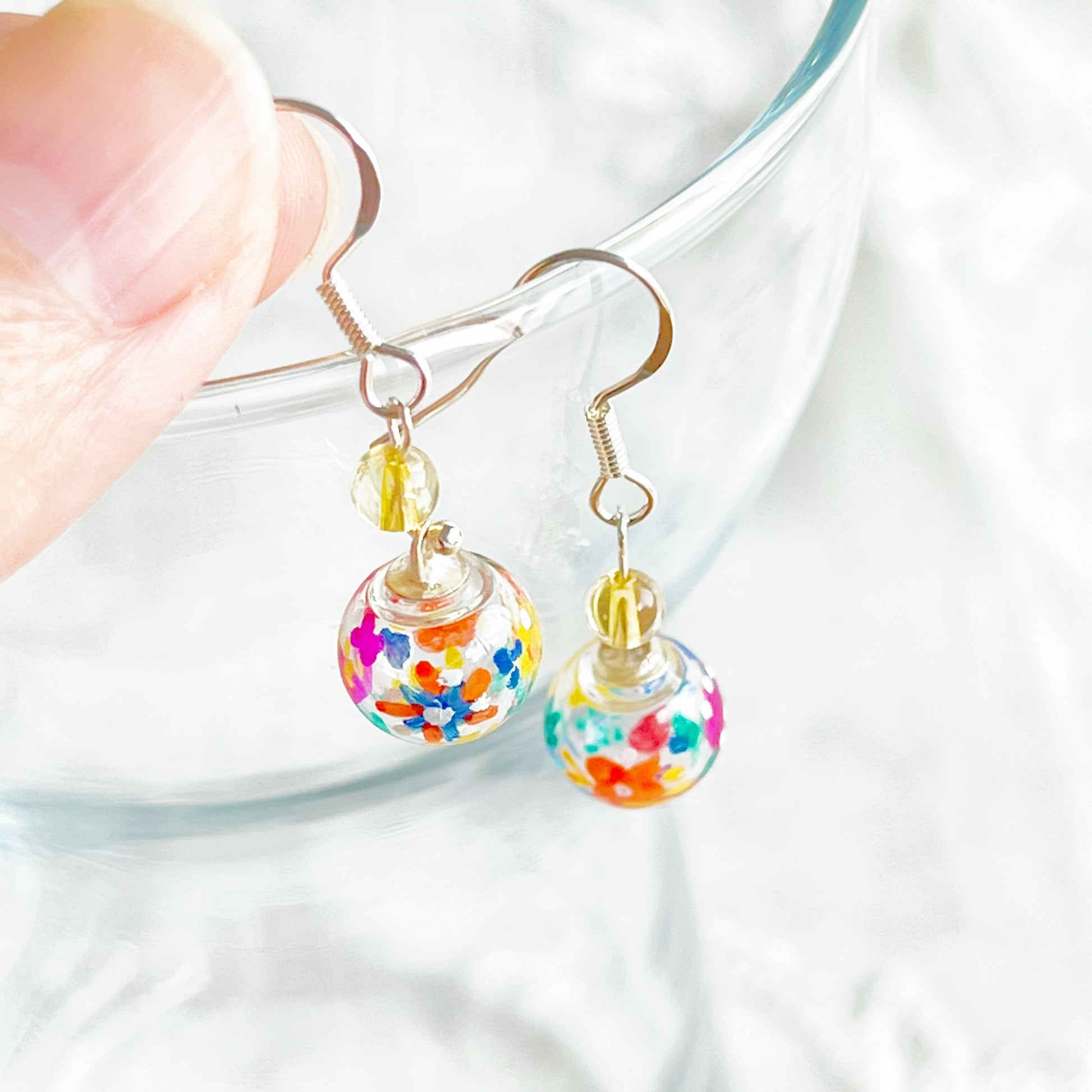 Hand Painted Flower on Mini Glass Globe with Pink Agate / Citrine Drop Earrings-Ninaouity