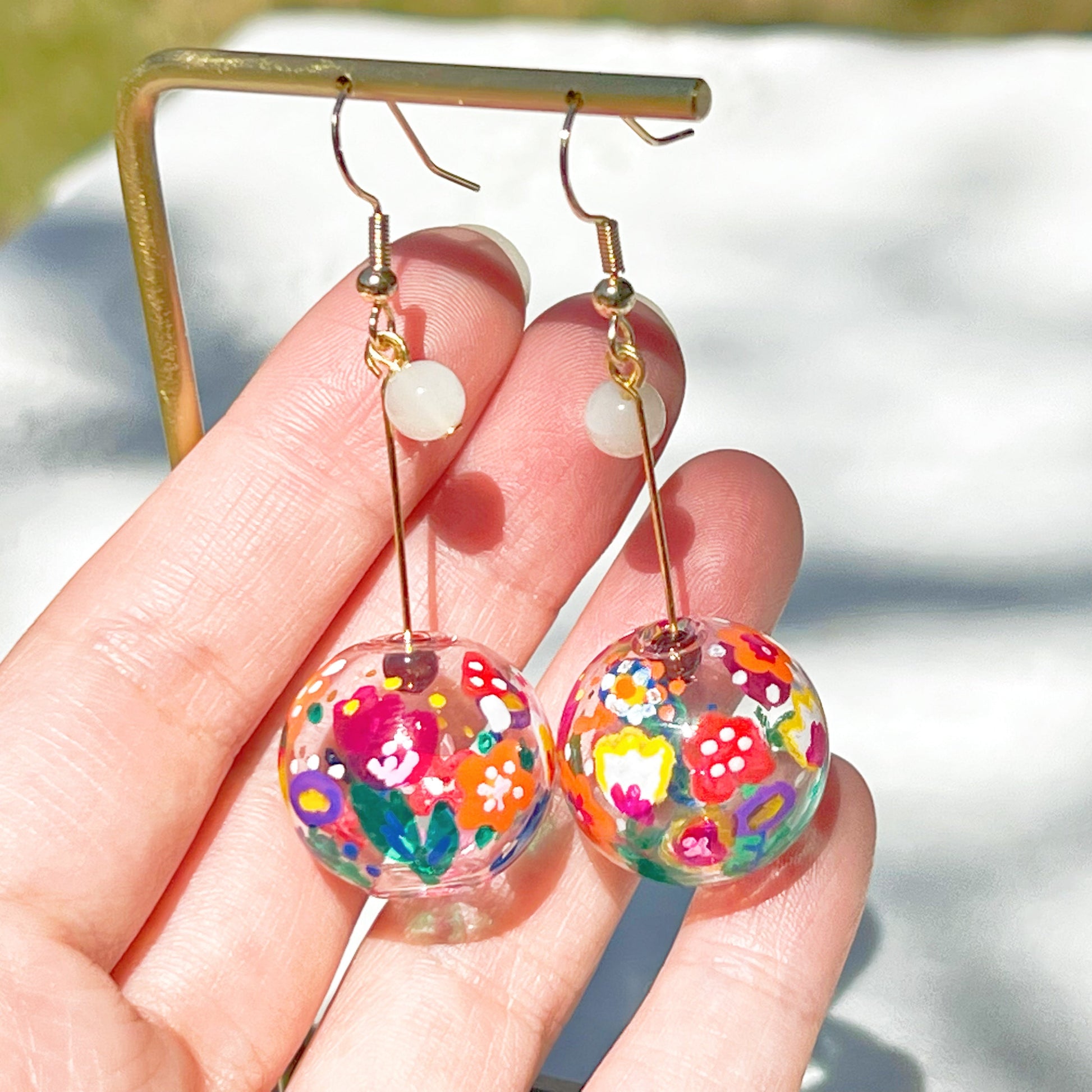 Hand Painted Plant and Flower on Glass Globe Drop Earrings-Ninaouity