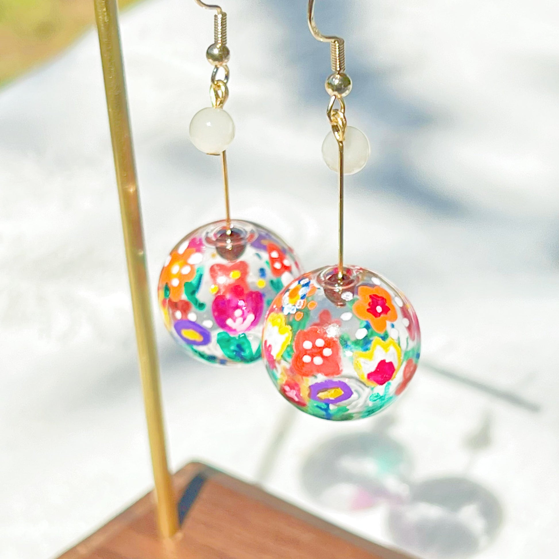 Hand Painted Plant and Flower on Glass Globe Drop Earrings-Ninaouity