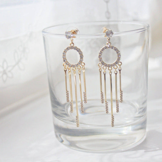 Hoop Fringe Earrings - Gold Crystal Circle Drop Earrings-Ninaouity