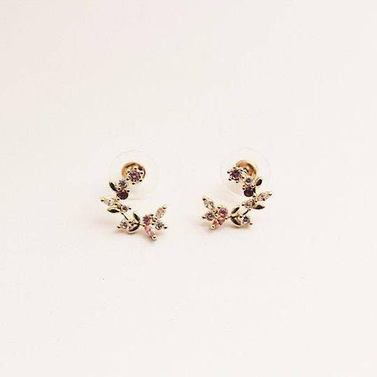 Leaf Wreath Earrings - Crystal Flower and Leaves Gold Circle Stud Earrings-Ninaouity